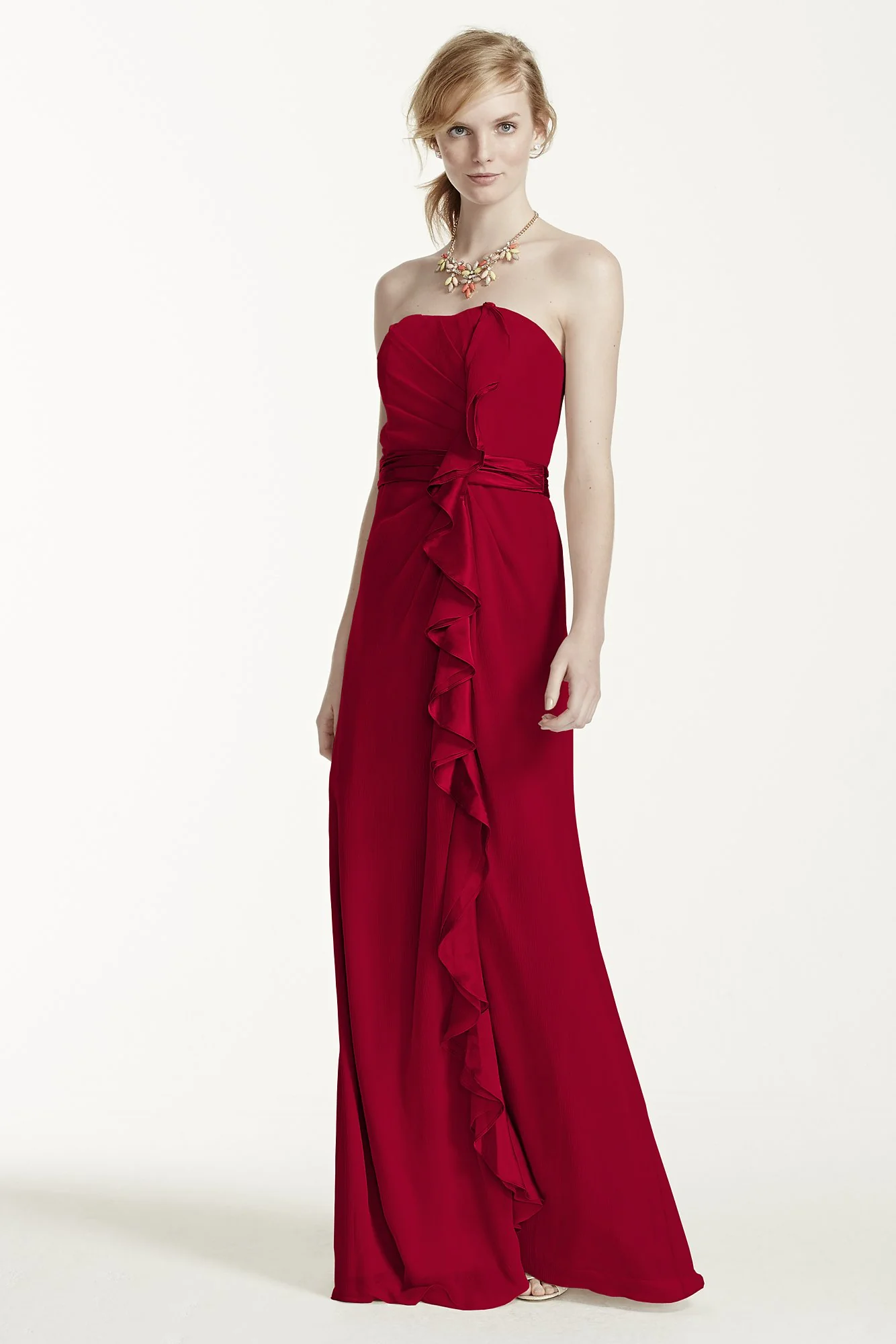 Long Strapless Dress with Front Ruffle Cascade - Image 14