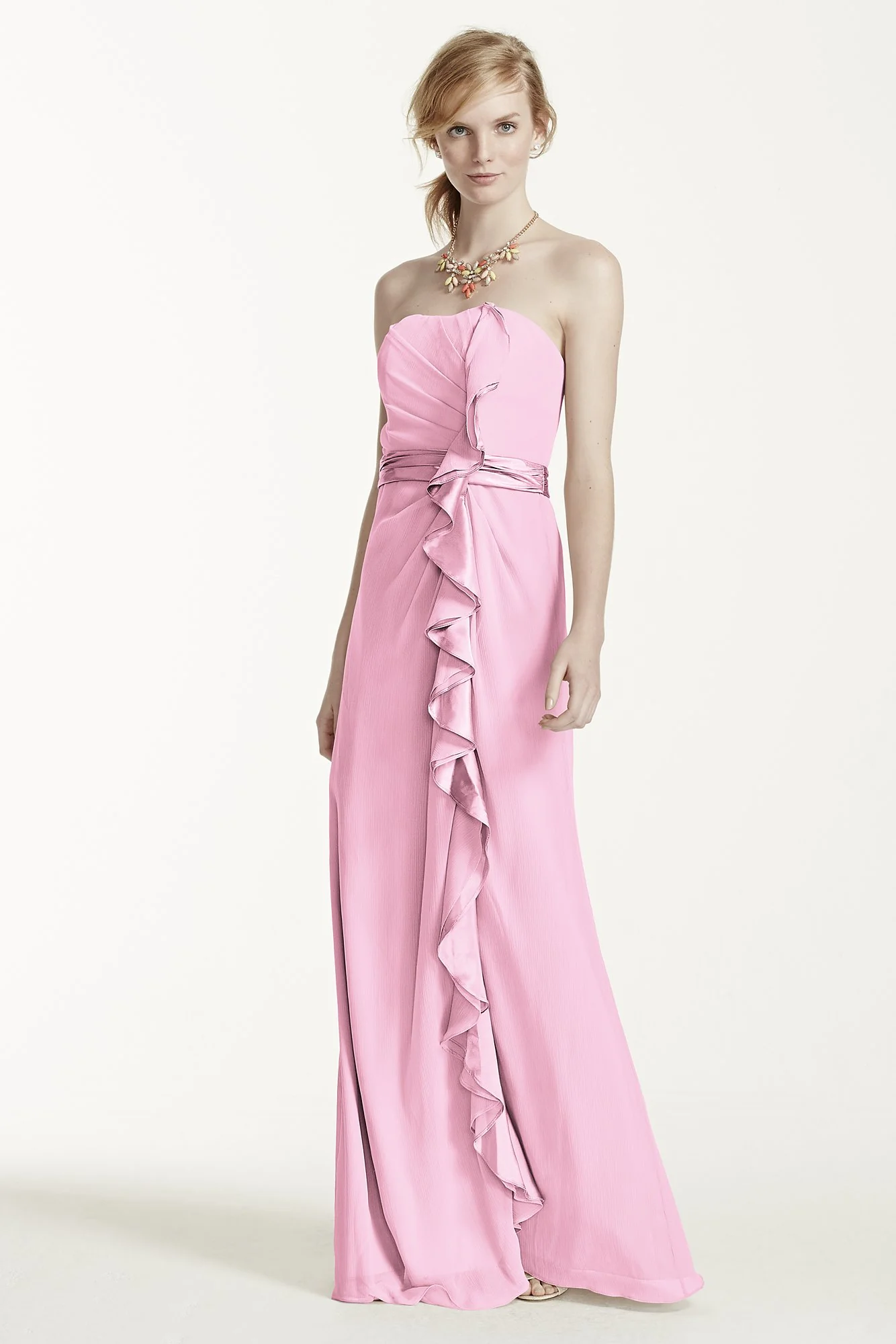 Long Strapless Dress with Front Ruffle Cascade - Image 20