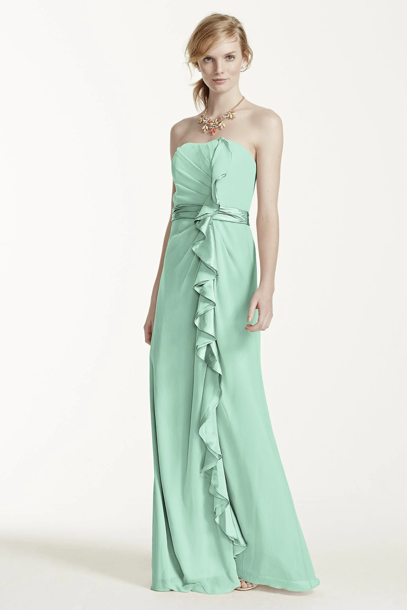 Long Strapless Dress with Front Ruffle Cascade - Image 22