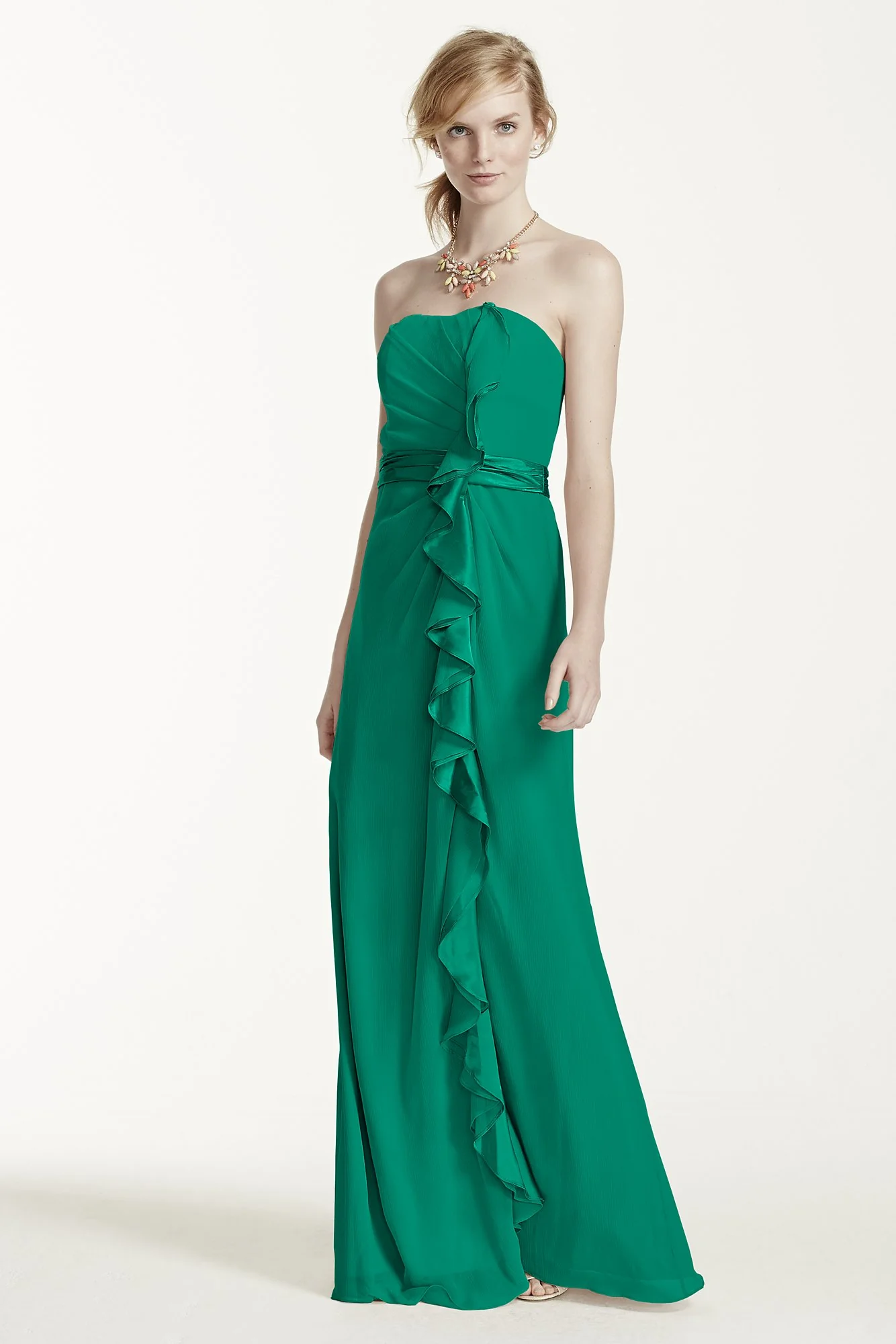 Long Strapless Dress with Front Ruffle Cascade - Image 31
