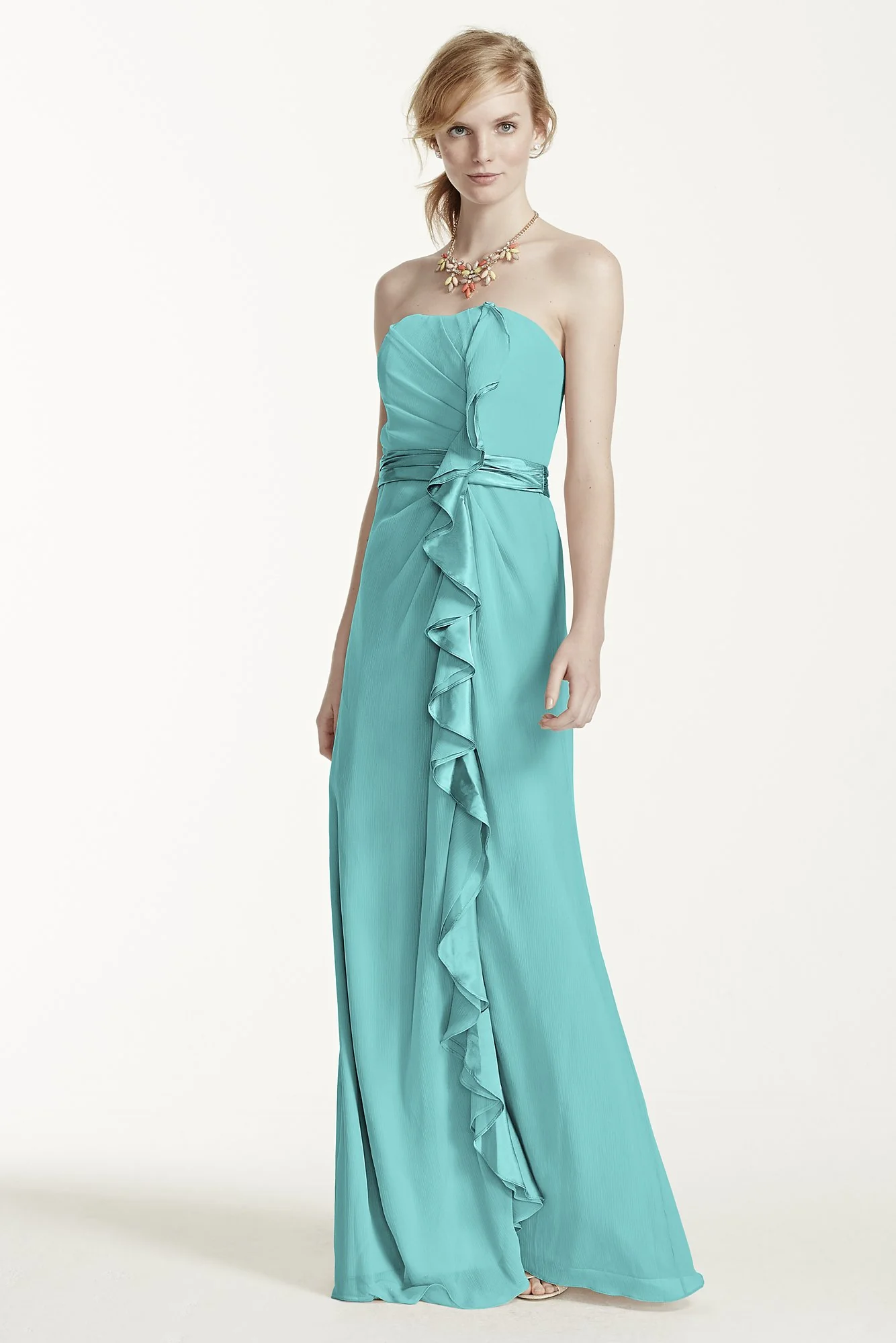 Long Strapless Dress with Front Ruffle Cascade - Image 48