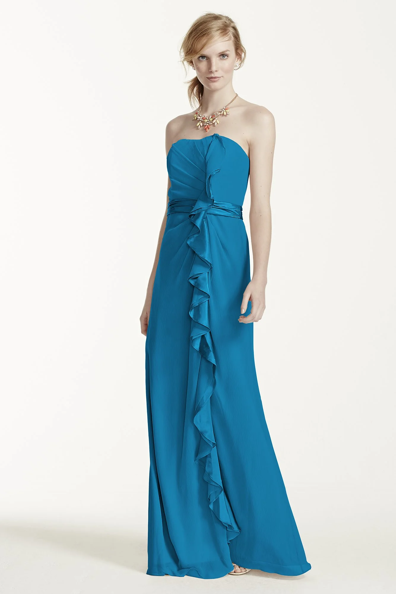 Long Strapless Dress with Front Ruffle Cascade - Image 71