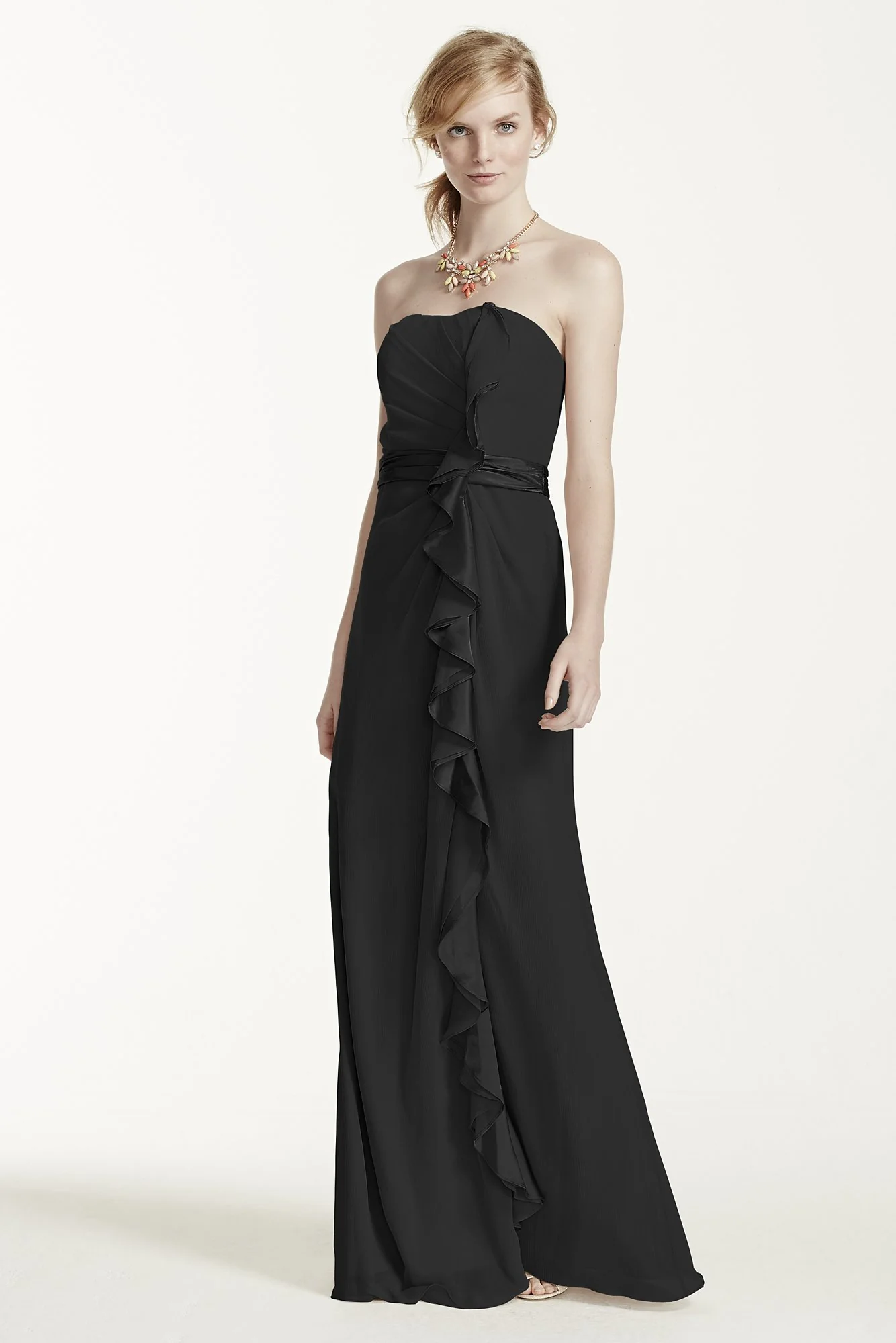 Long Strapless Dress with Front Ruffle Cascade - Image 74
