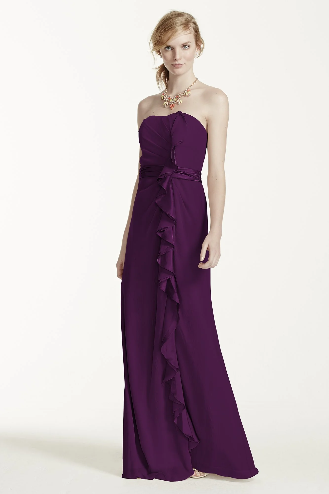 Long Strapless Dress with Front Ruffle Cascade - Image 8