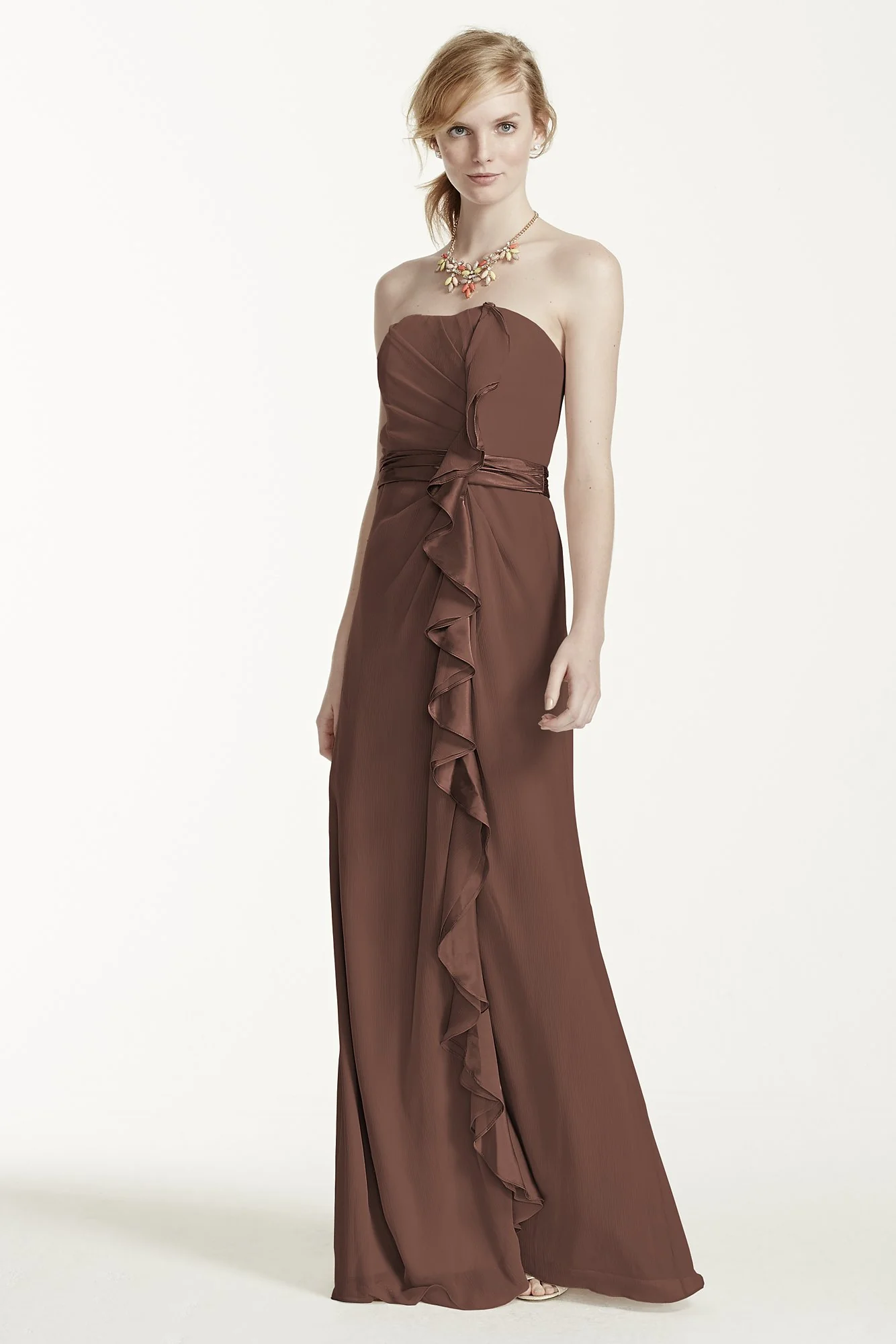 Long Strapless Dress with Front Ruffle Cascade - Image 95