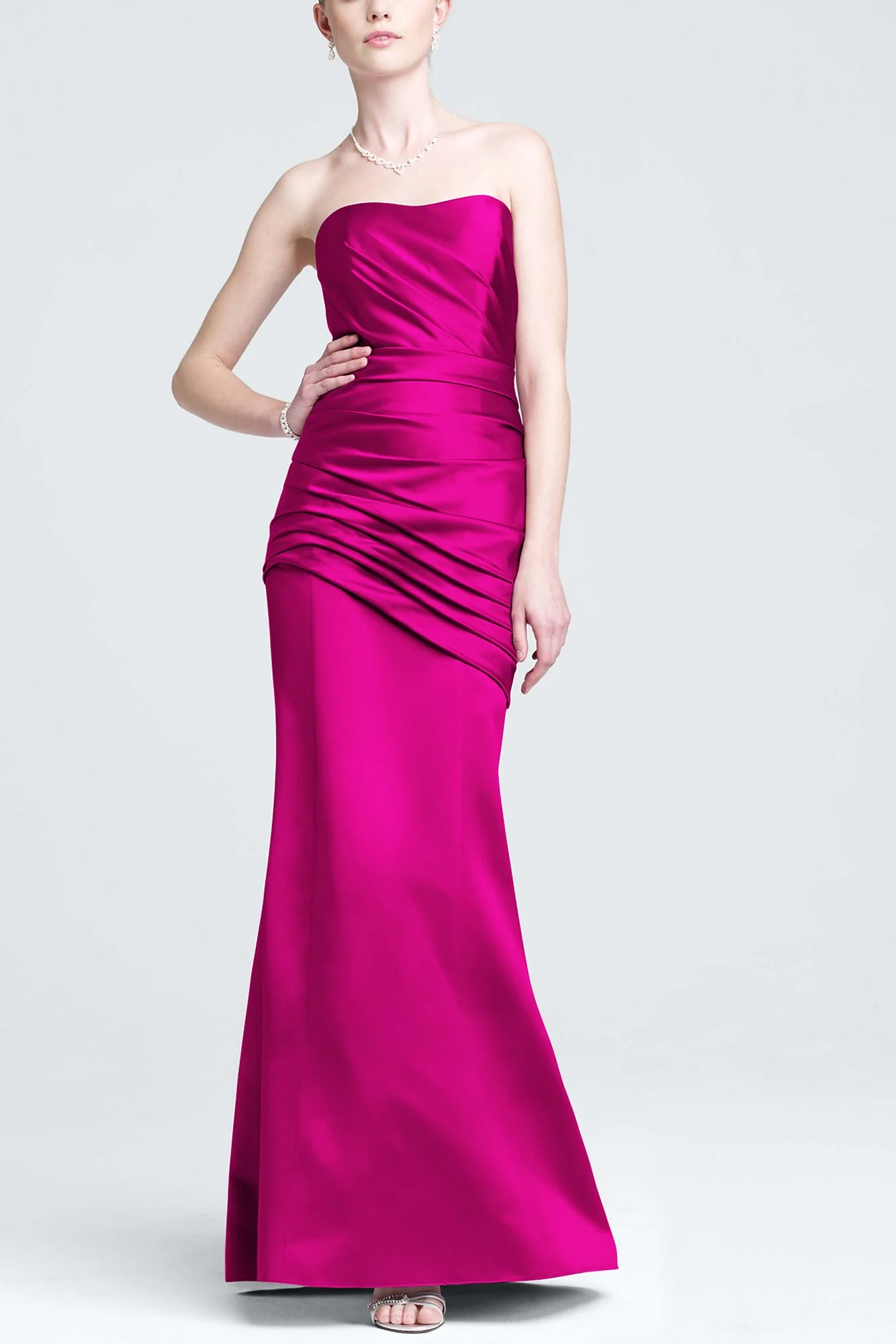 Long Strapless Satin Dress with Side Ruching - Image 16