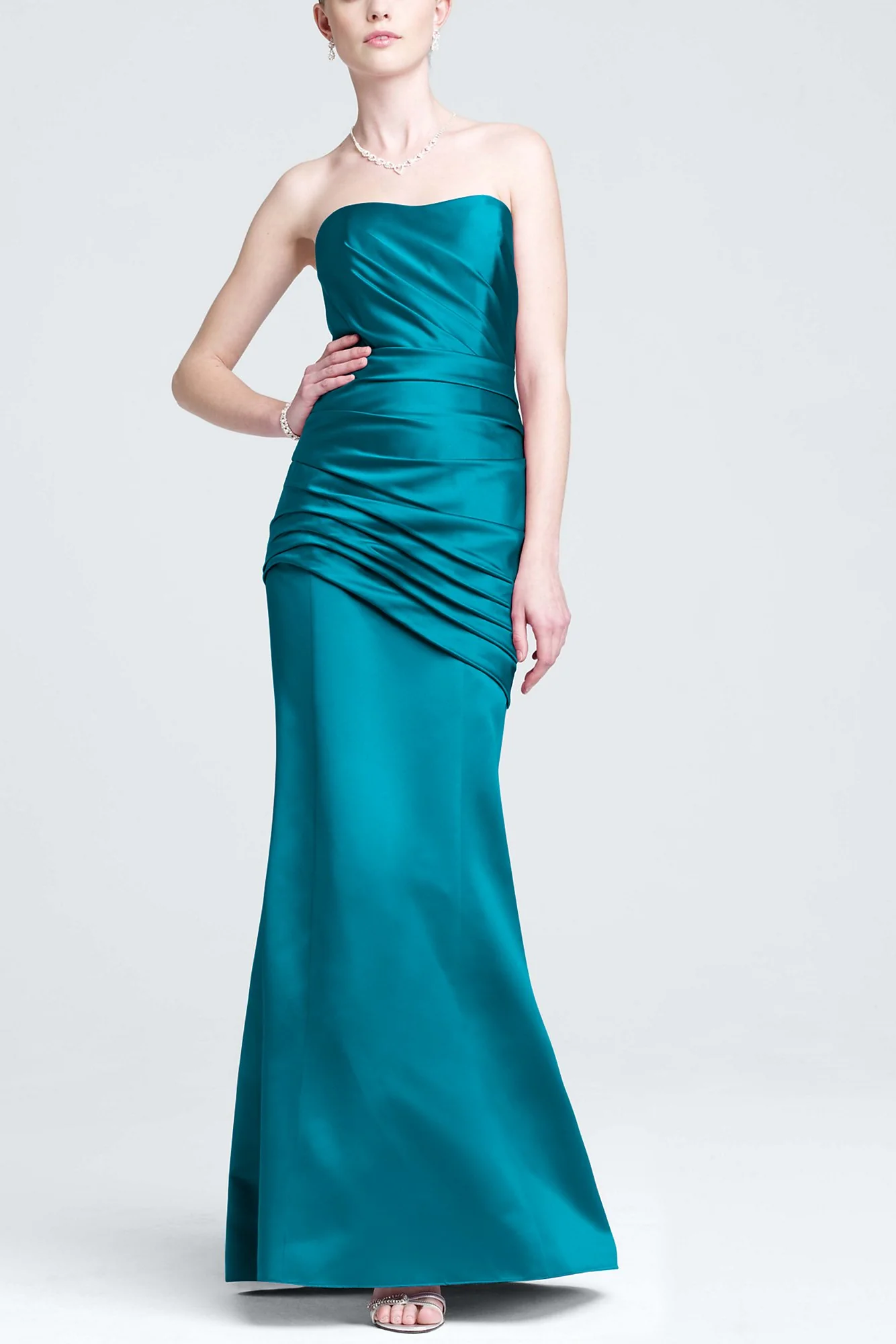 Long Strapless Satin Dress with Side Ruching - Image 7