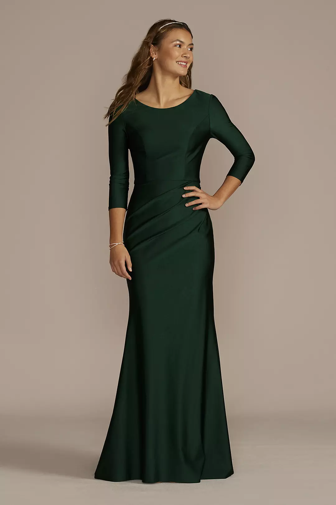 Long Stretch Satin Three-Quarter Sleeve Sheath - Image 2