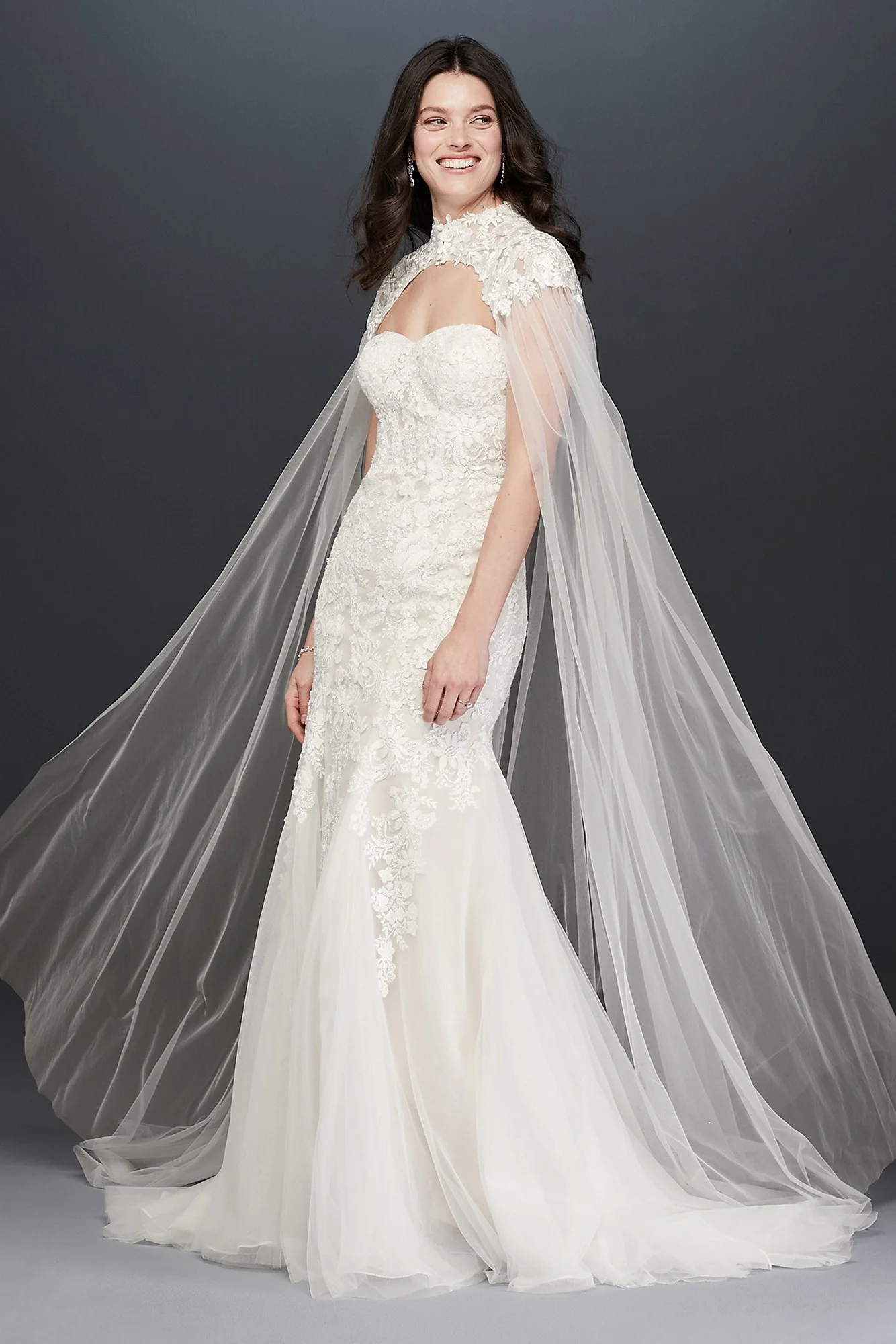 Long Tulle Cape with High-Neck Lace Detail