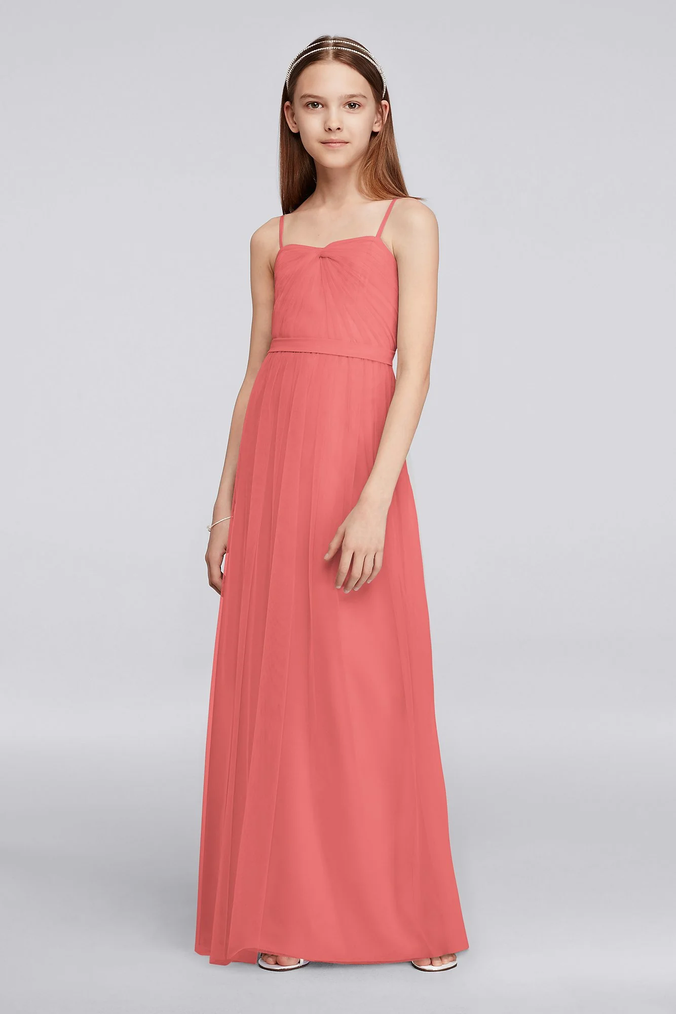 Long Tulle Junior Bridesmaid Dress with Pleating - Image 3