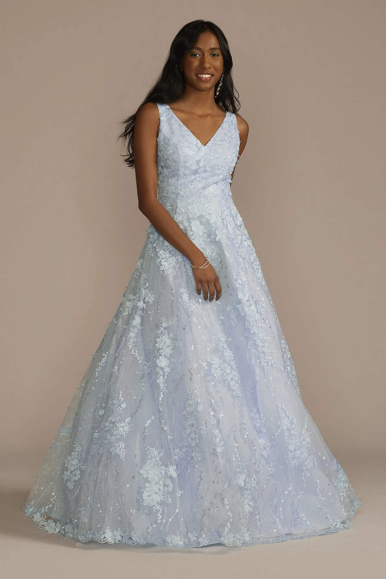 Long V-Neck 3D Floral Ball Gown - Image 2