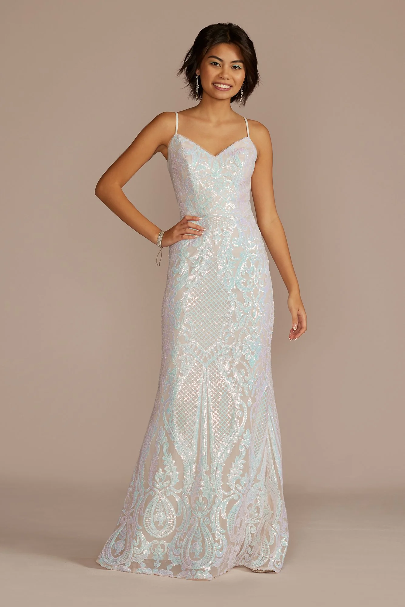 Long V-Neck Iridescent Sequin Patterned Sheath - Image 2