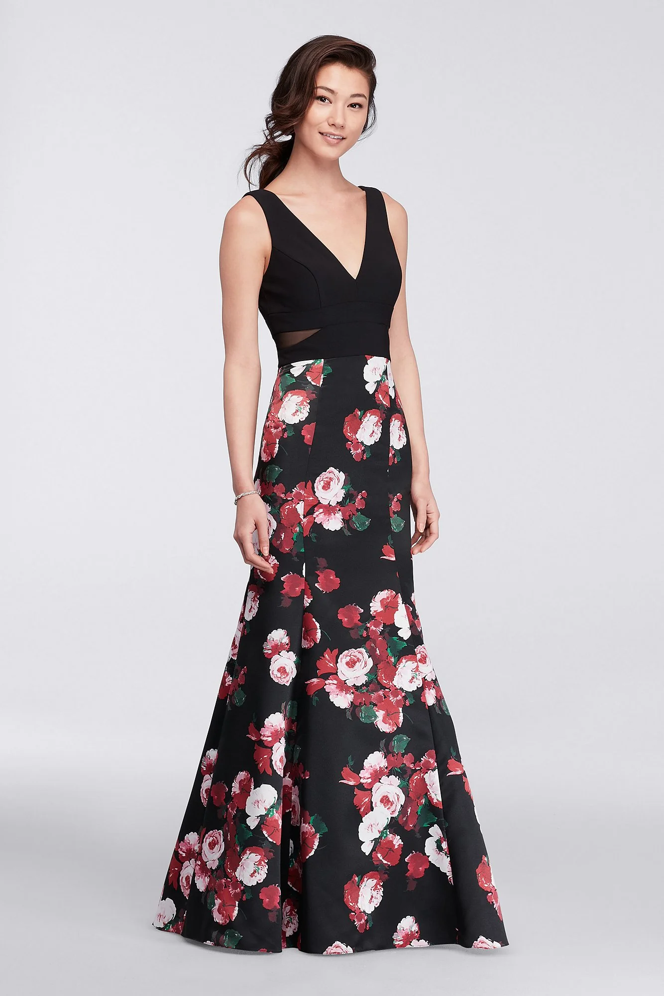 Long V-Neck Mermaid Dress with Floral Skirt - Image 2