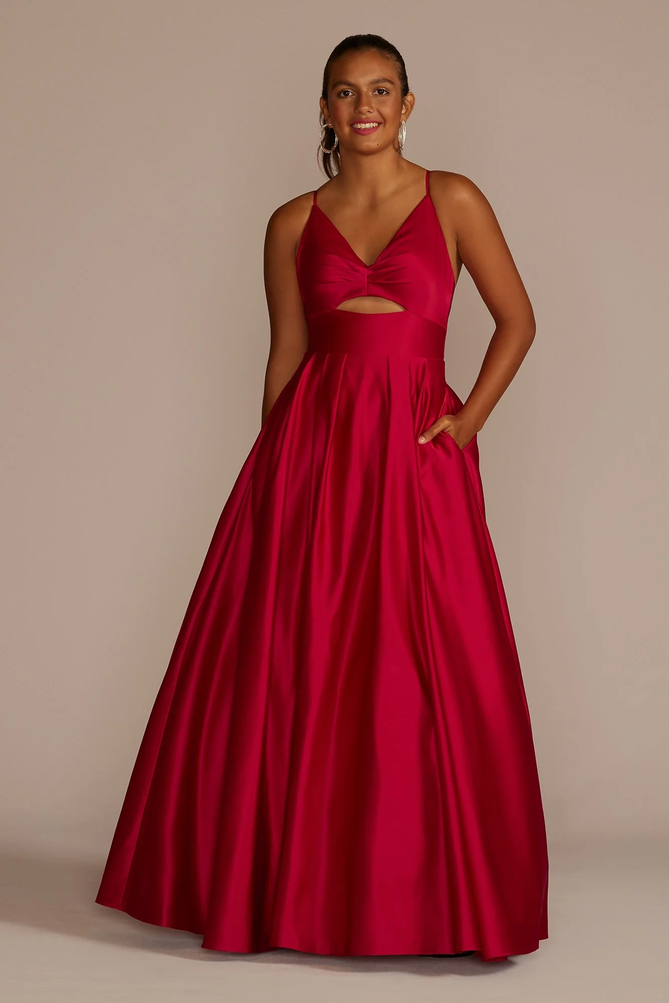 Long V-Neck Satin Ball Gown with Bodice Cutout