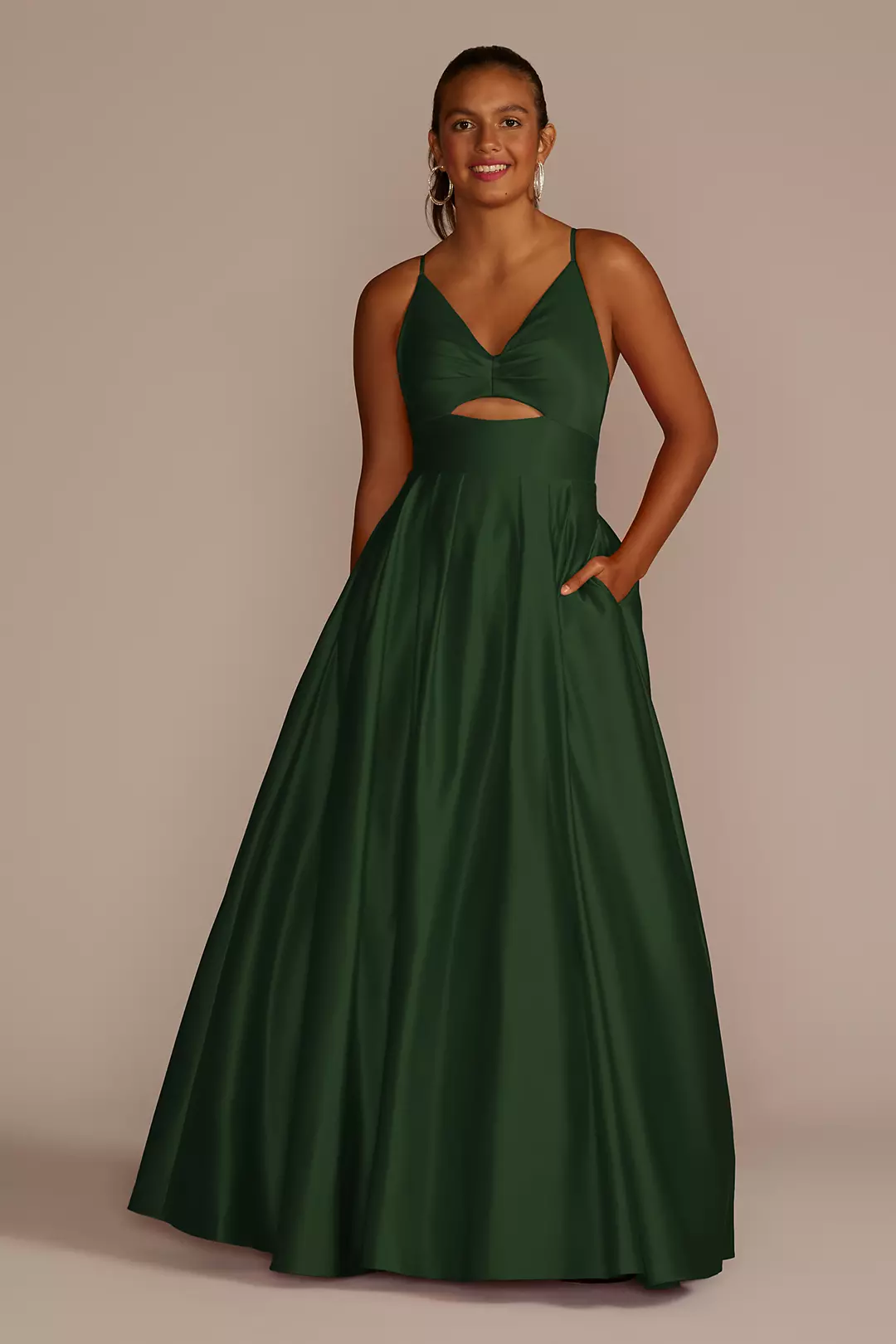 Long V-Neck Satin Ball Gown with Bodice Cutout - Image 2