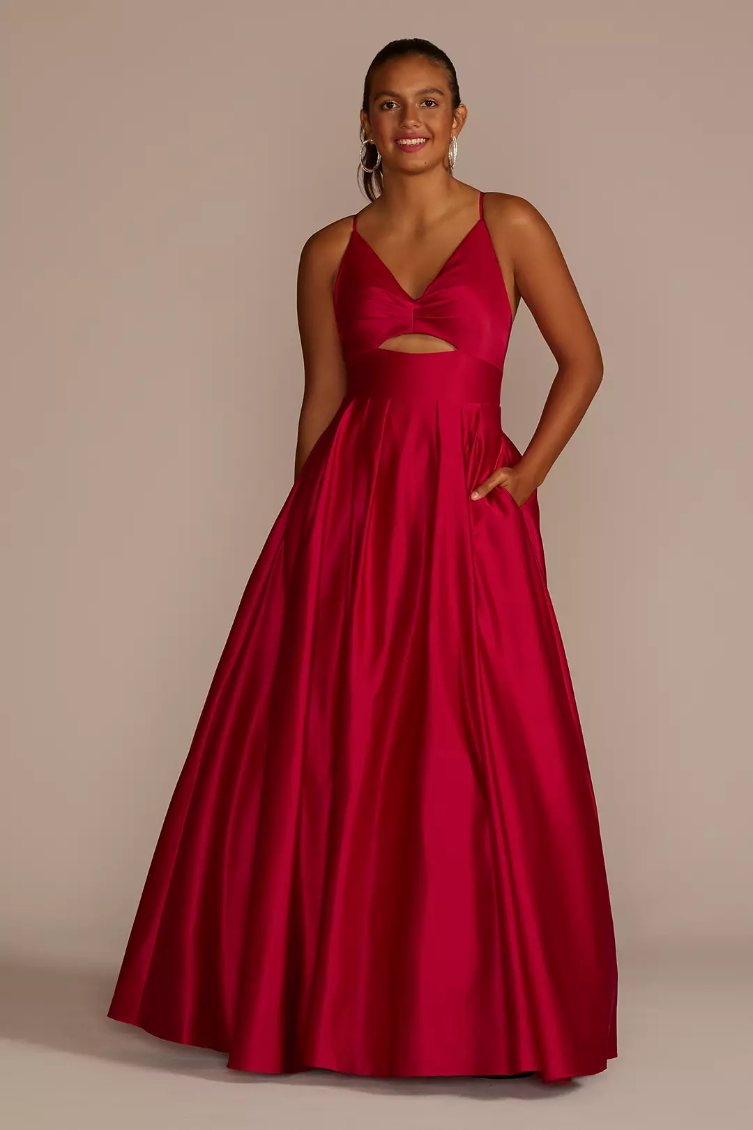 Long V-Neck Satin Ball Gown with Bodice Cutout - Image 4