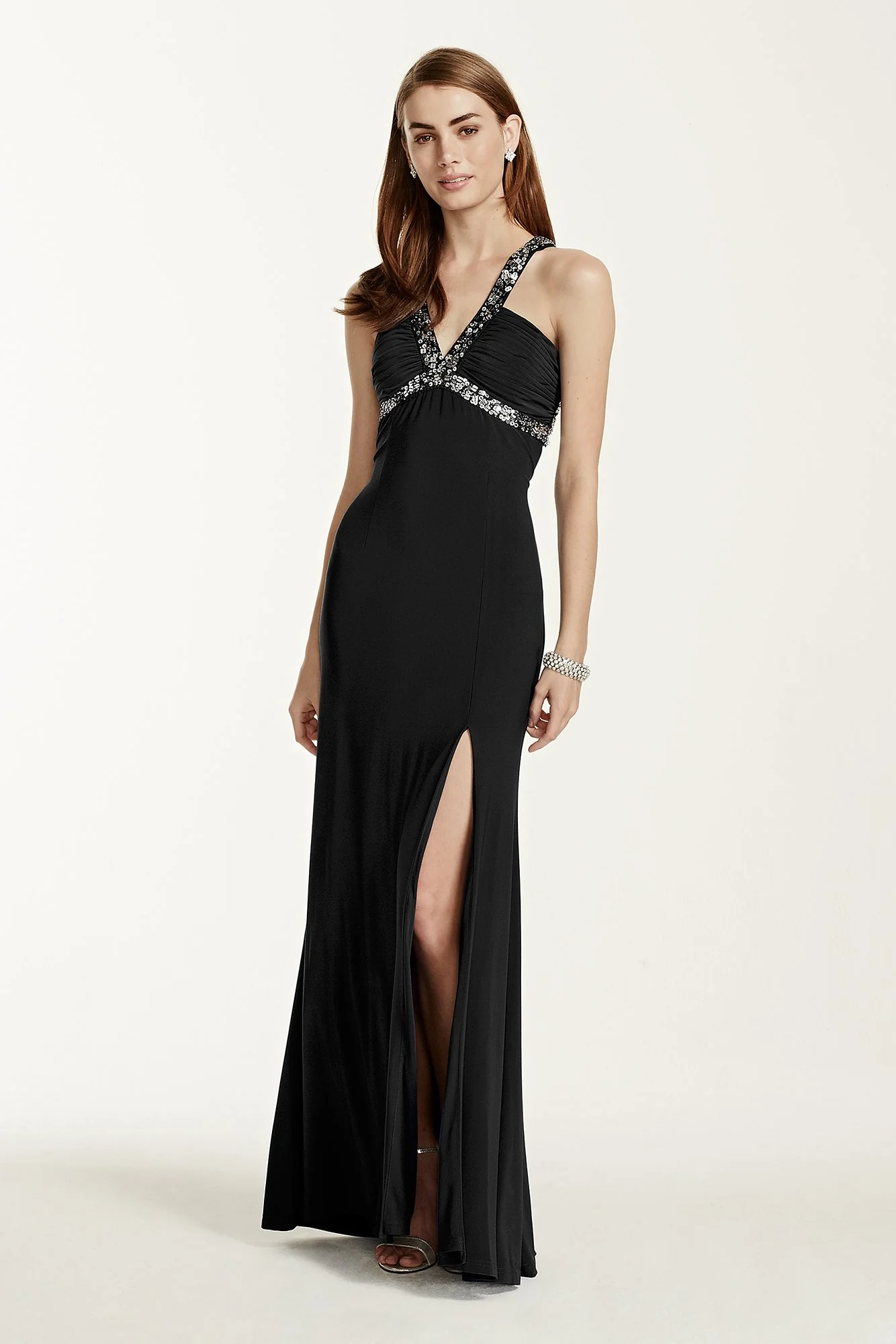 Long Y Neck Jersey Dress with Sequin Detailing - Image 4