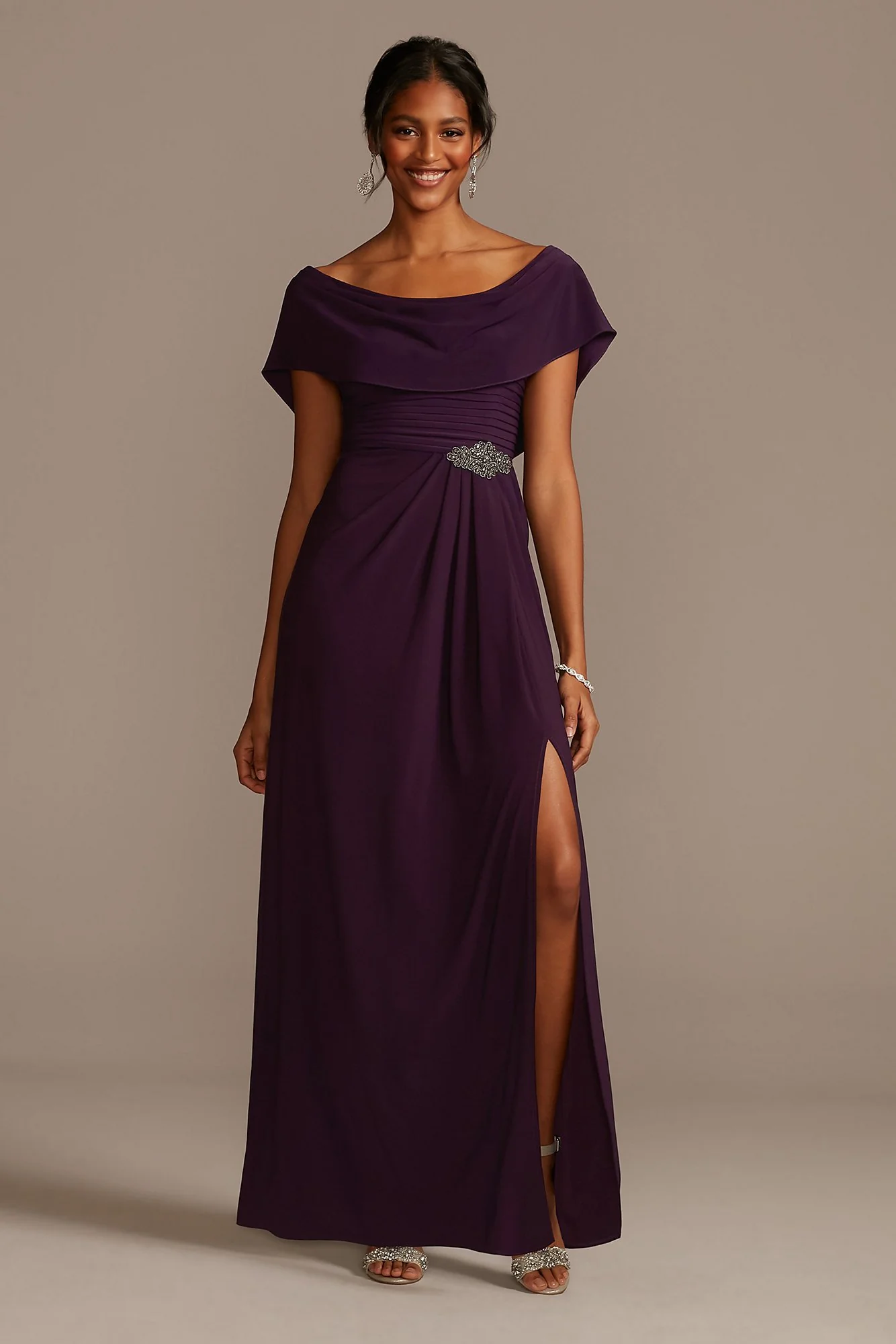 Matte Jersey Pleated Cowlneck Sheath Dress