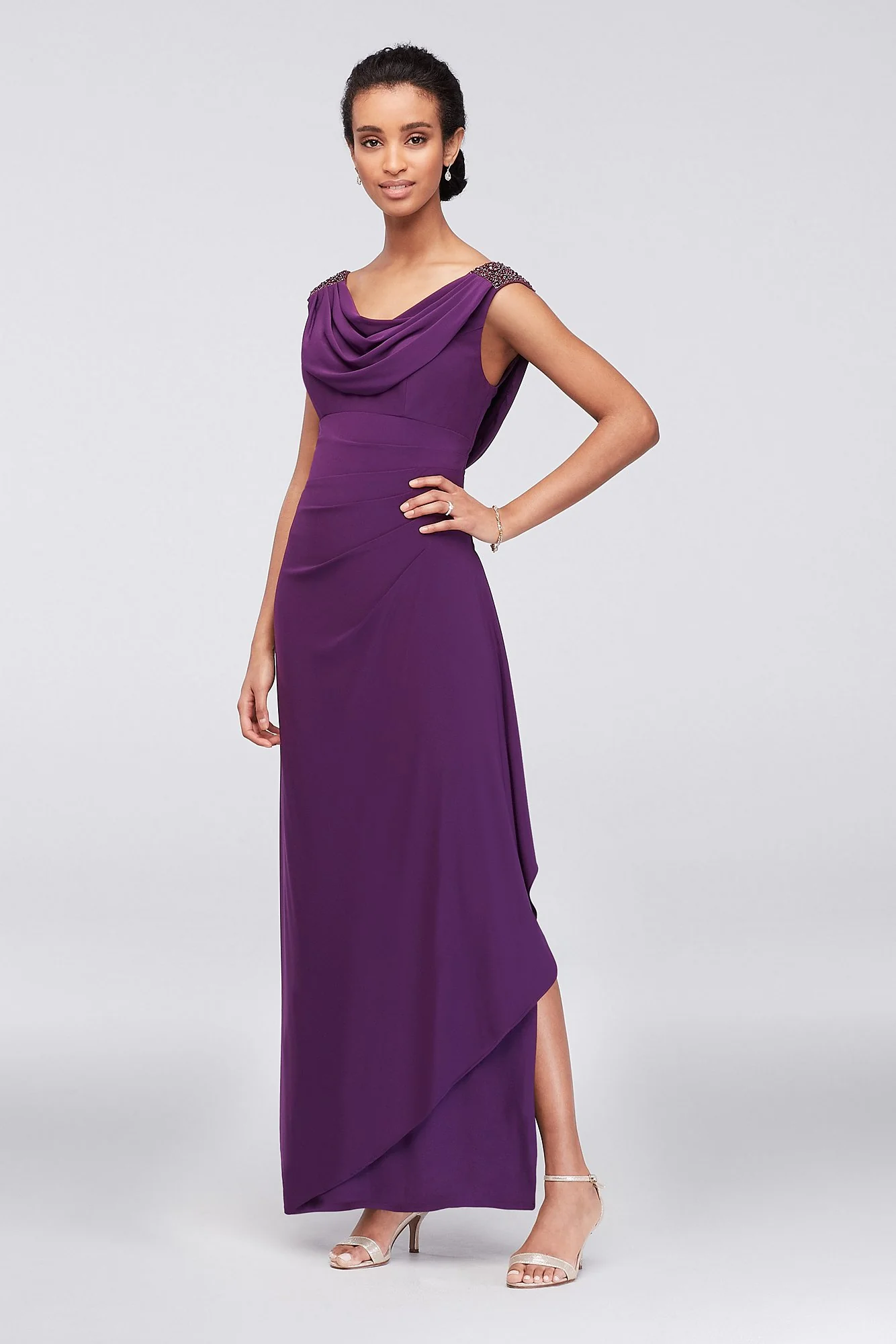 Matte Jersey Short Petite Dress with Cascade Skirt