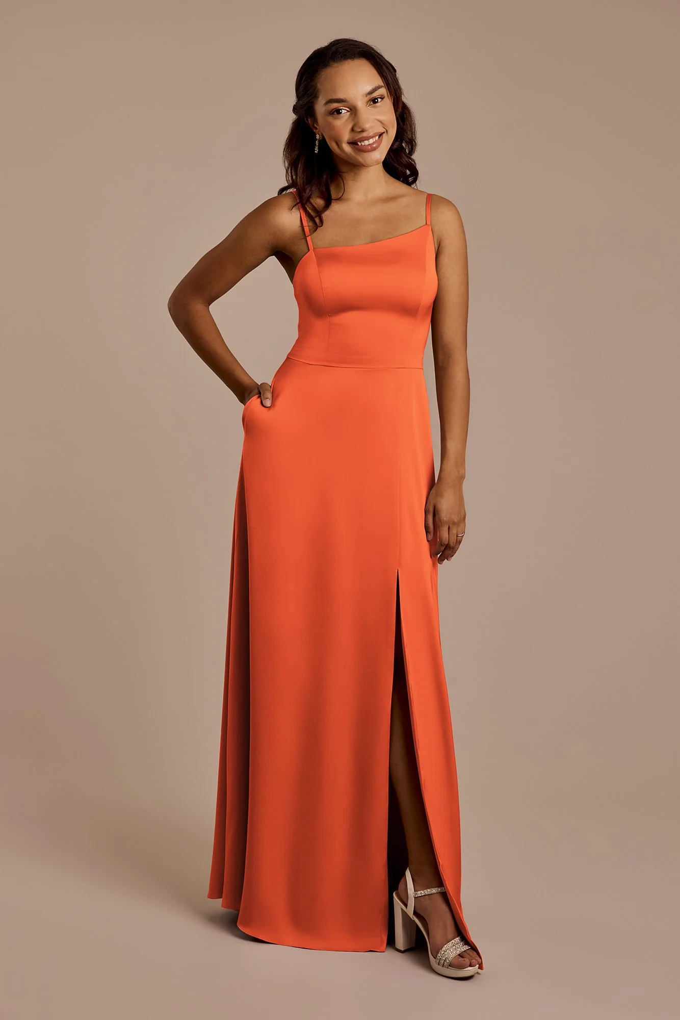 Matte Satin Asymmetrical Strap A-Line Dress - Image 16
