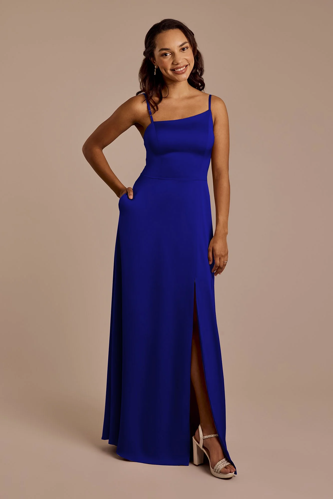 Matte Satin Asymmetrical Strap A-Line Dress - Image 24