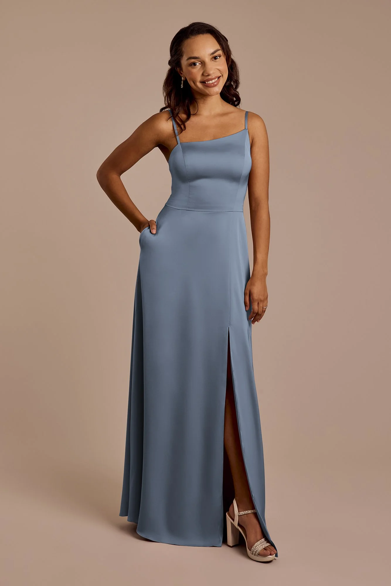 Matte Satin Asymmetrical Strap A-Line Dress - Image 3