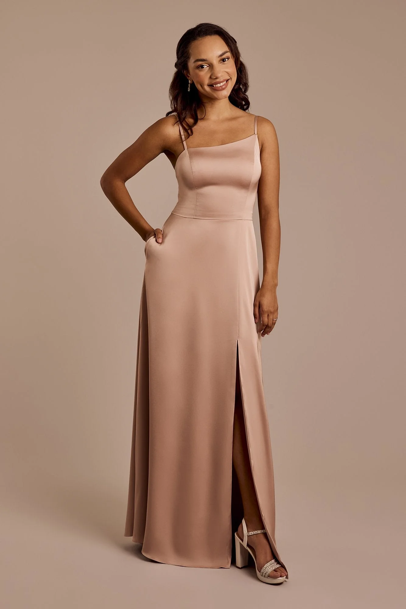 Matte Satin Asymmetrical Strap A-Line Dress - Image 40