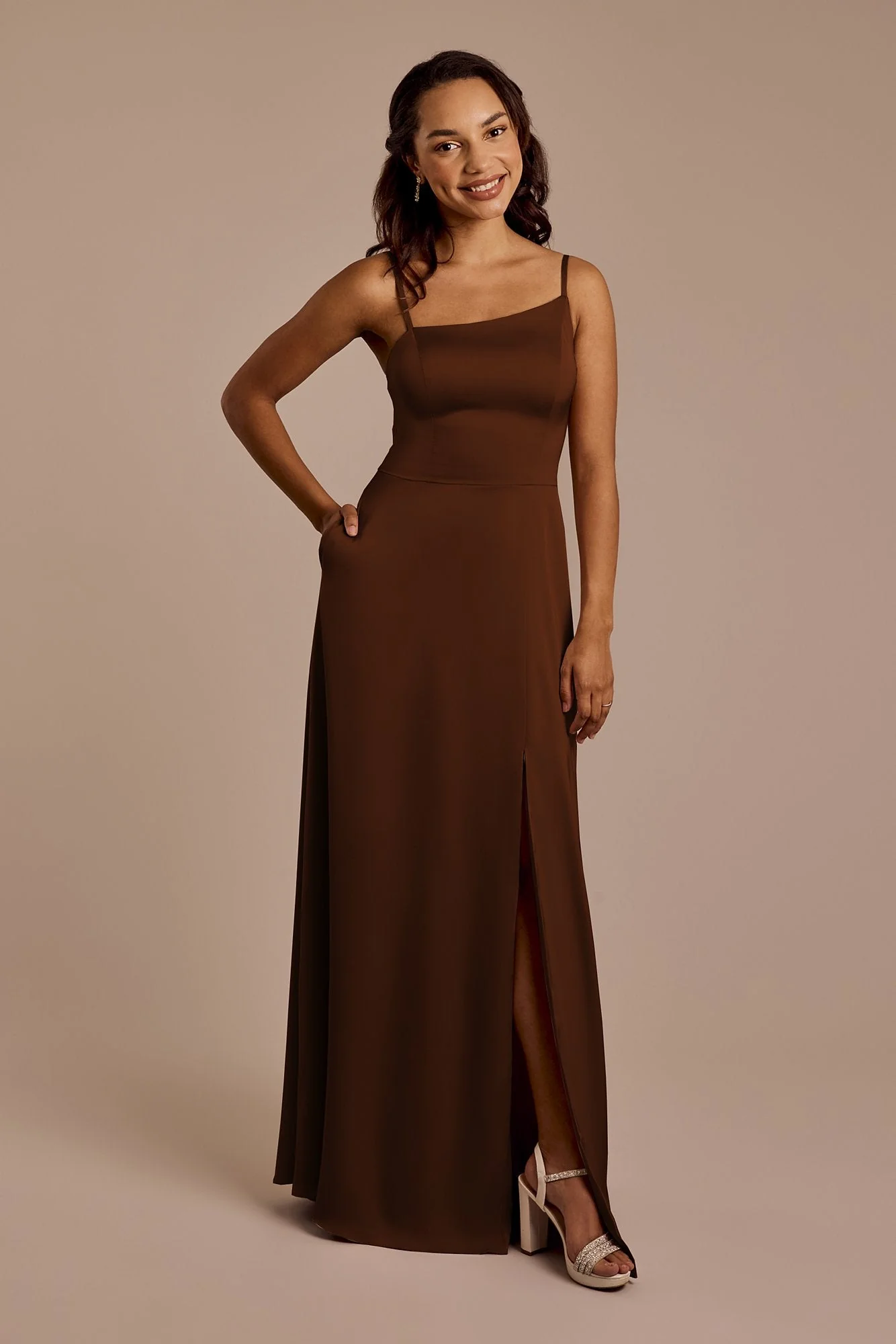 Matte Satin Asymmetrical Strap A-Line Dress - Image 56