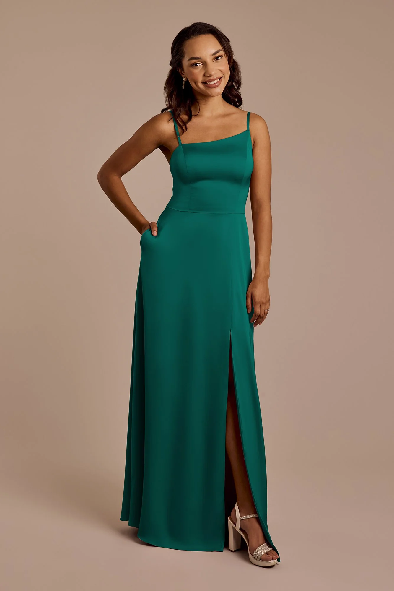 Matte Satin Asymmetrical Strap A-Line Dress - Image 8