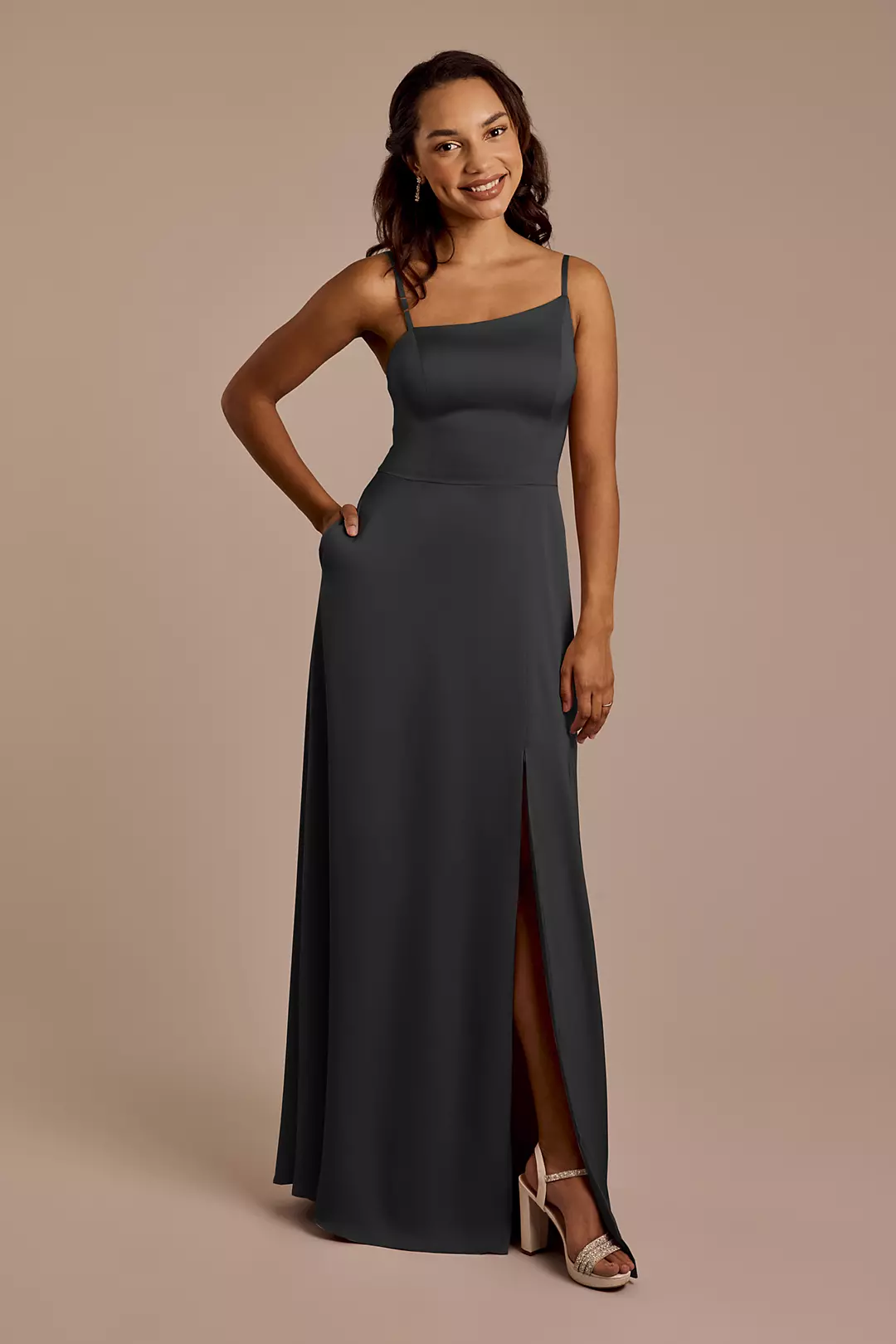 Matte Satin Asymmetrical Strap A-Line Dress - Image 86