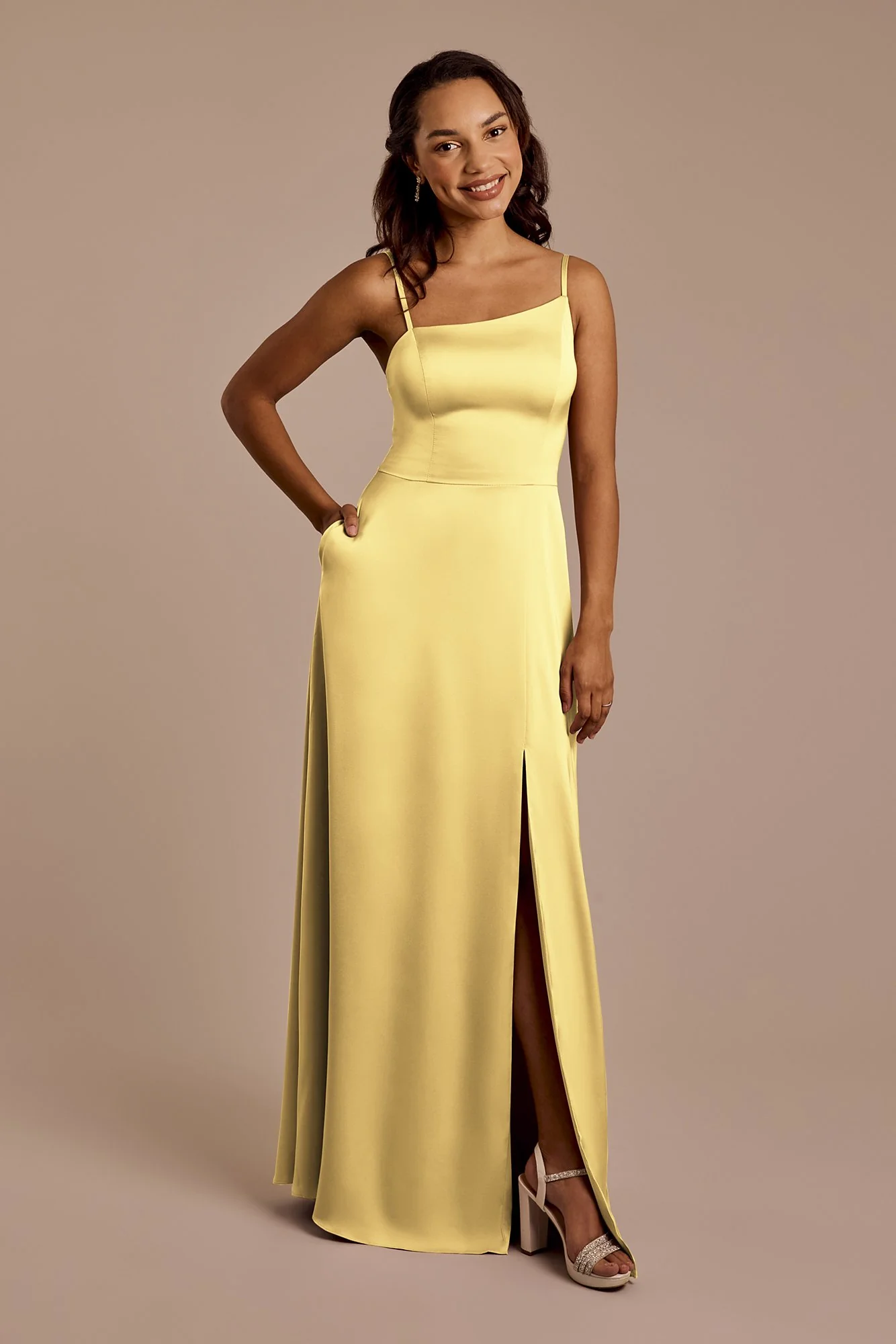 Matte Satin Asymmetrical Strap A-Line Dress - Image 9