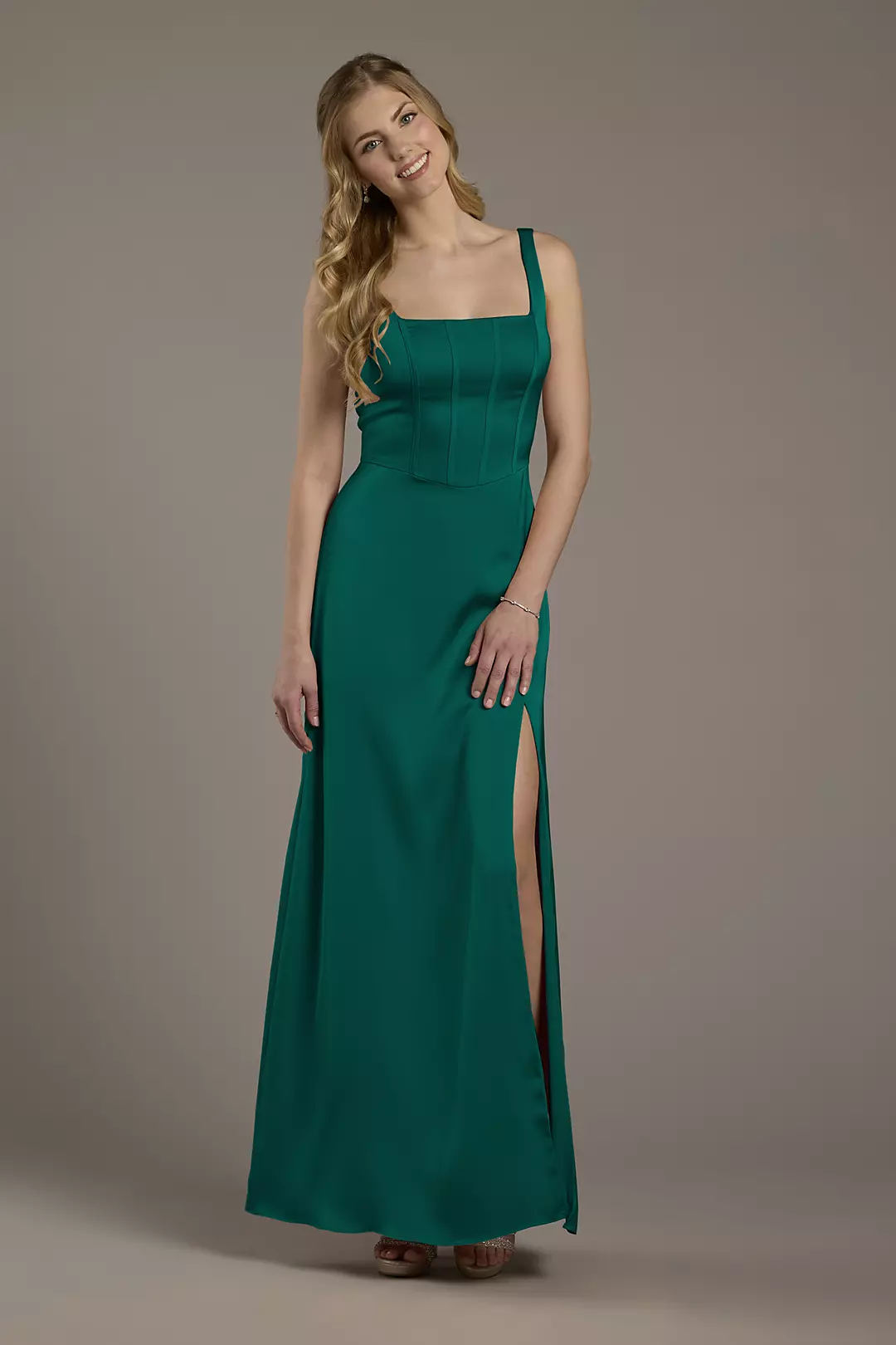 Matte Satin Corset Bodice Square Neck A-Line Dress - Image 80