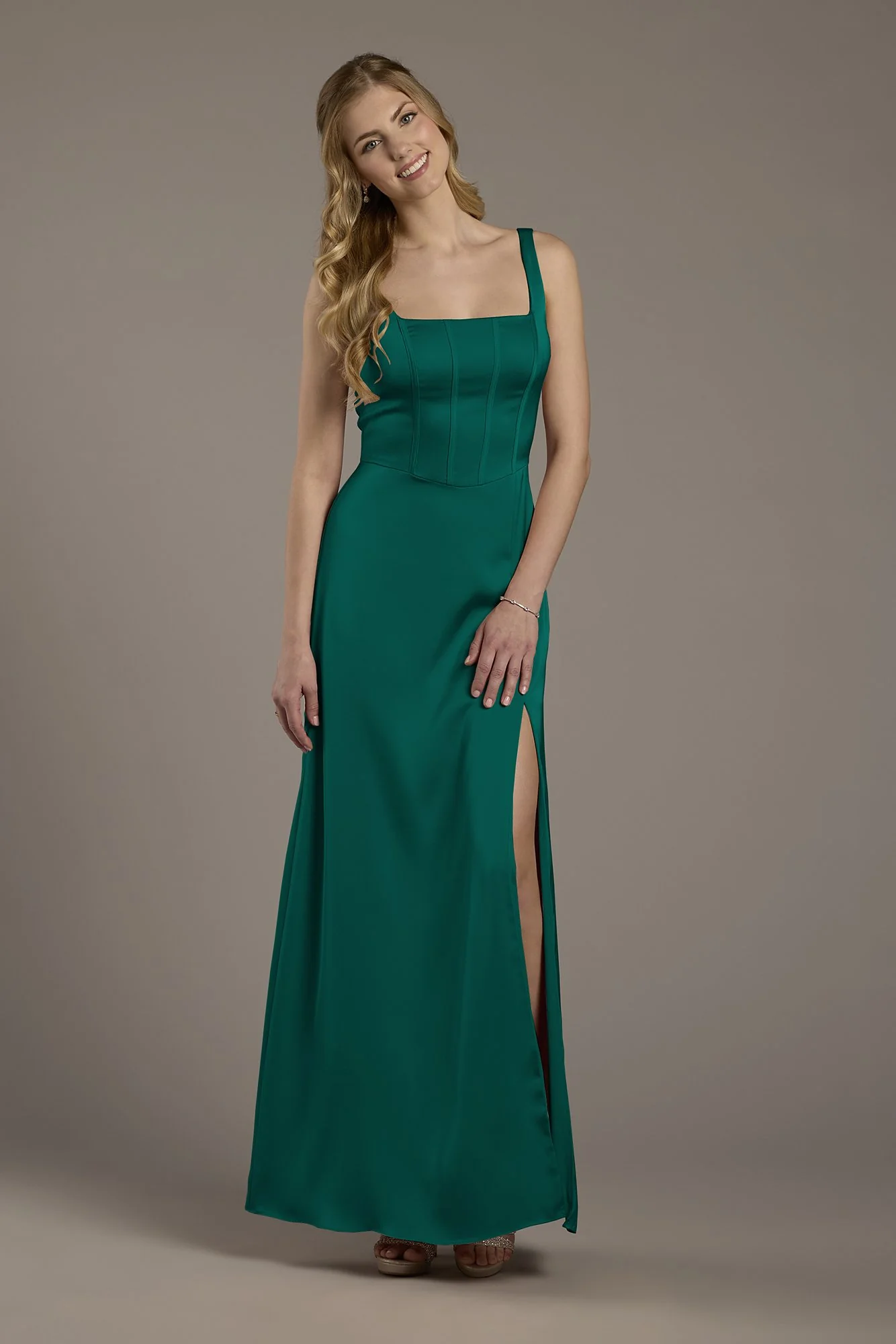 Matte Satin Corset Bodice Square Neck A-Line Dress - Image 9