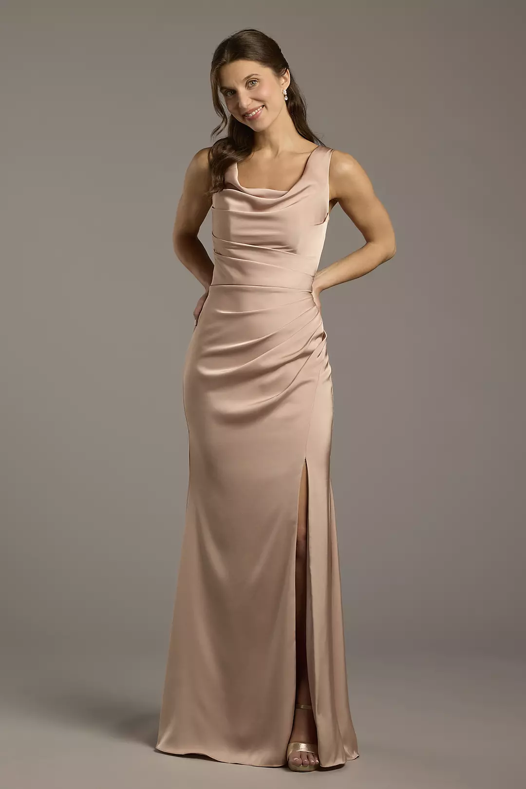 Matte Satin Cowl Neck Sheath Dress - Image 56
