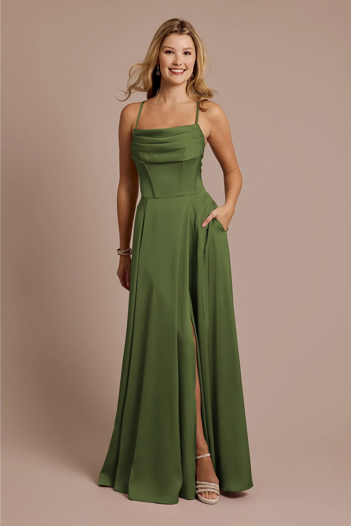 Matte Satin Cowl Neck Spaghetti Strap A-Line Dress - Image 10