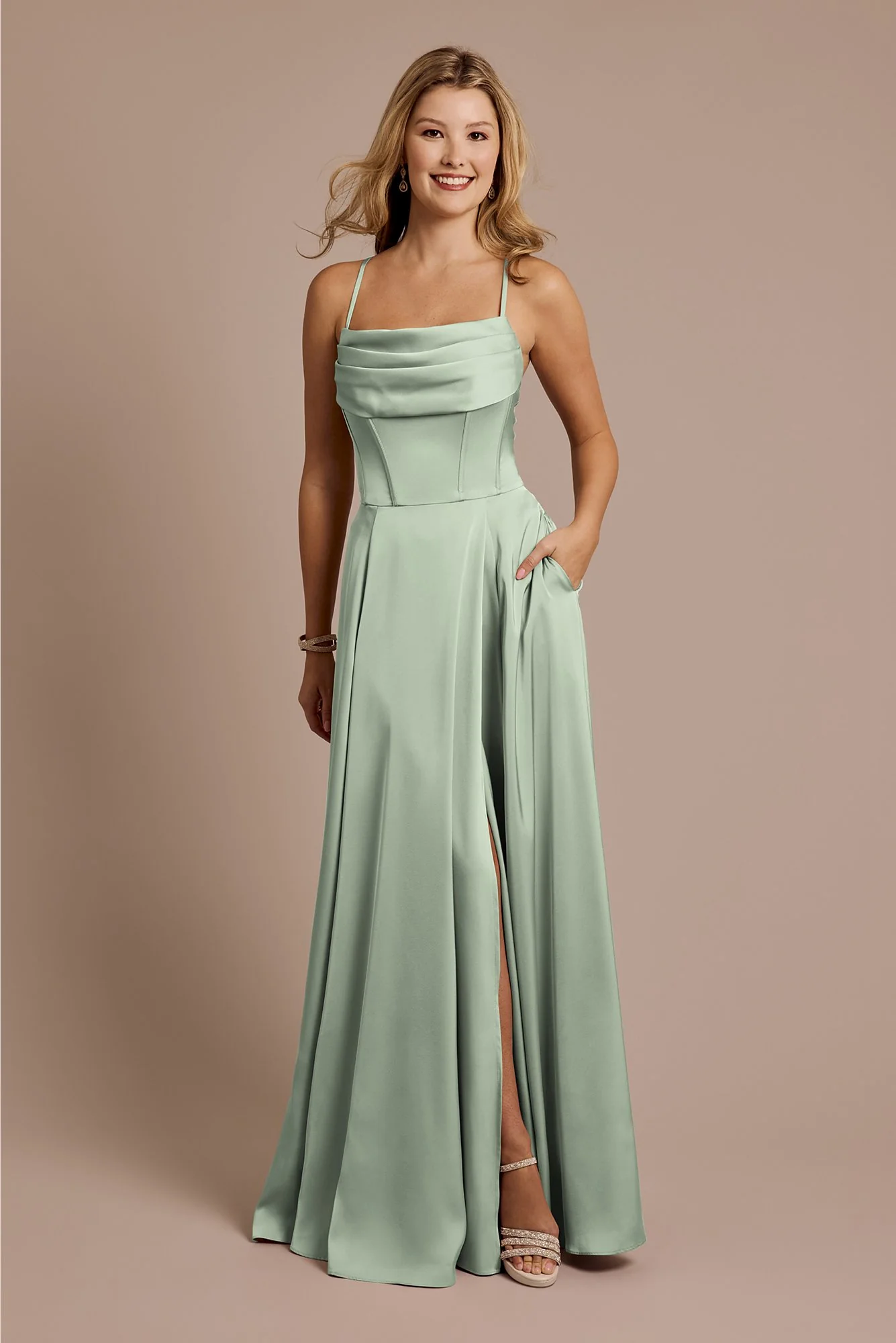Matte Satin Cowl Neck Spaghetti Strap A-Line Dress - Image 11