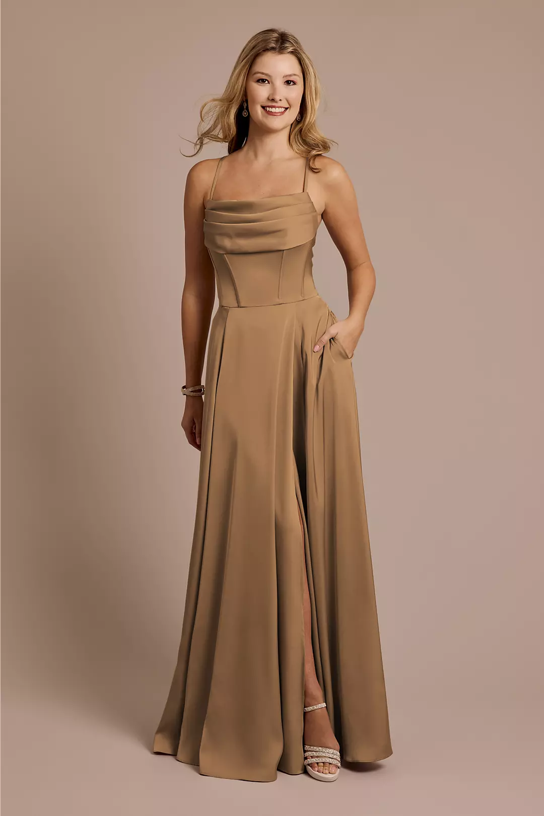 Matte Satin Cowl Neck Spaghetti Strap A-Line Dress - Image 38