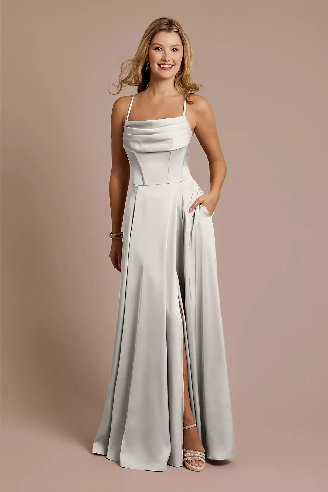 Matte Satin Cowl Neck Spaghetti Strap A-Line Dress - Image 56
