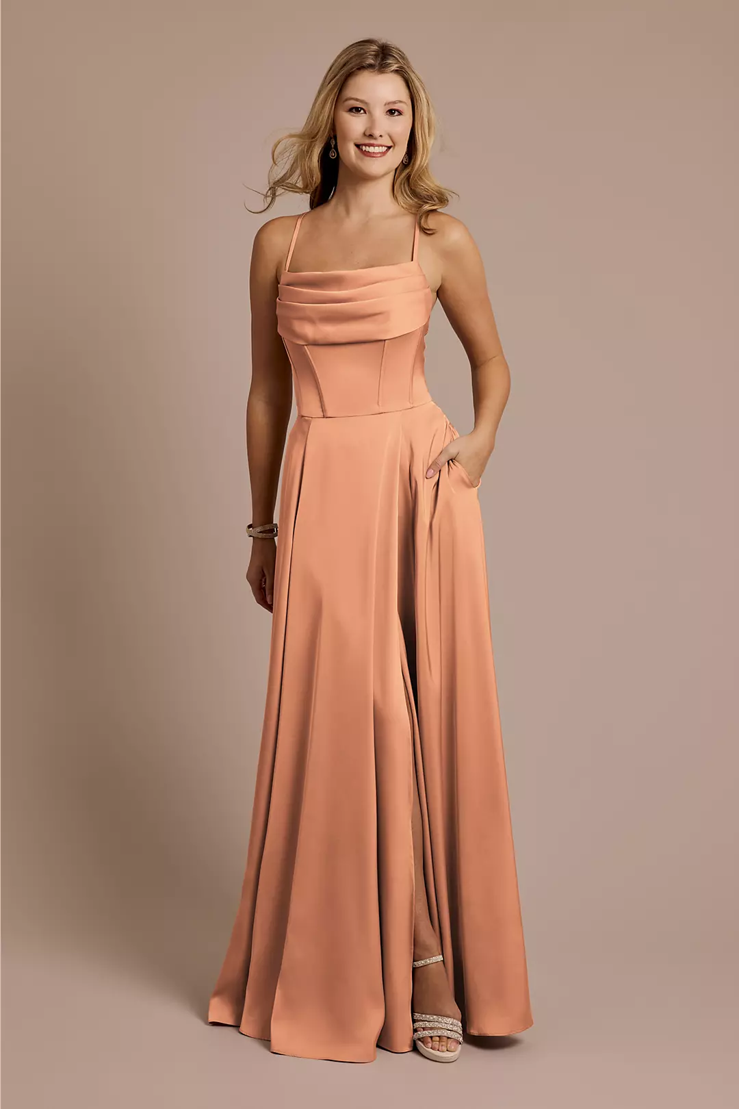 Matte Satin Cowl Neck Spaghetti Strap A-Line Dress - Image 57
