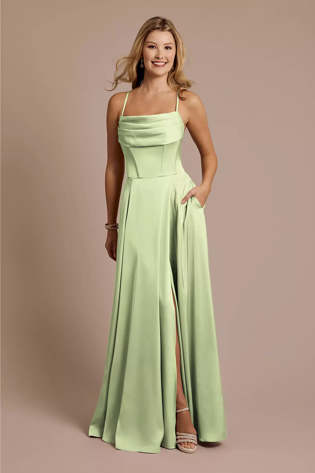 Matte Satin Cowl Neck Spaghetti Strap A-Line Dress - Image 58