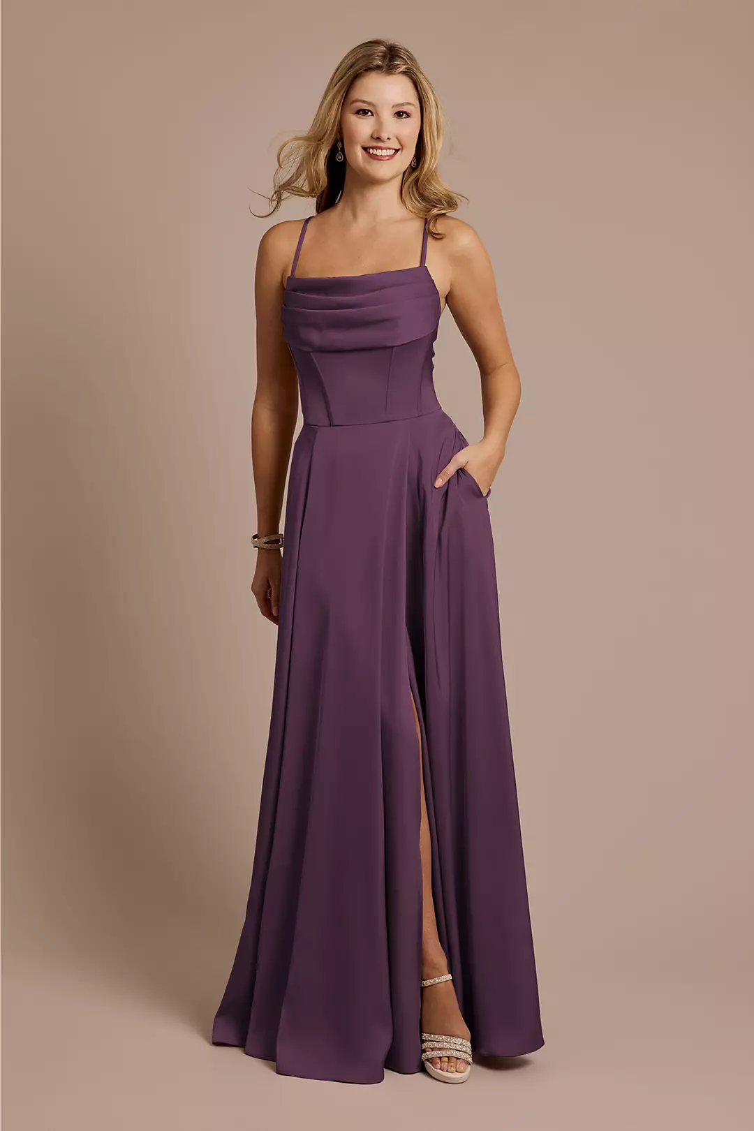 Matte Satin Cowl Neck Spaghetti Strap A-Line Dress - Image 70