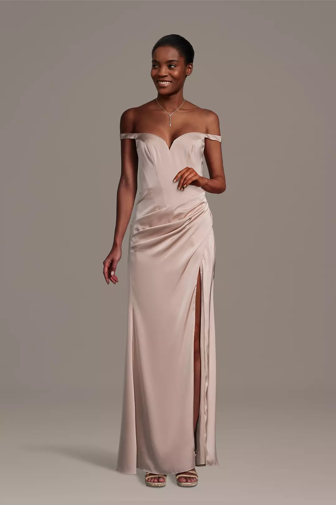 Matte Satin Drop Waist Off-the-Shoulder Dress