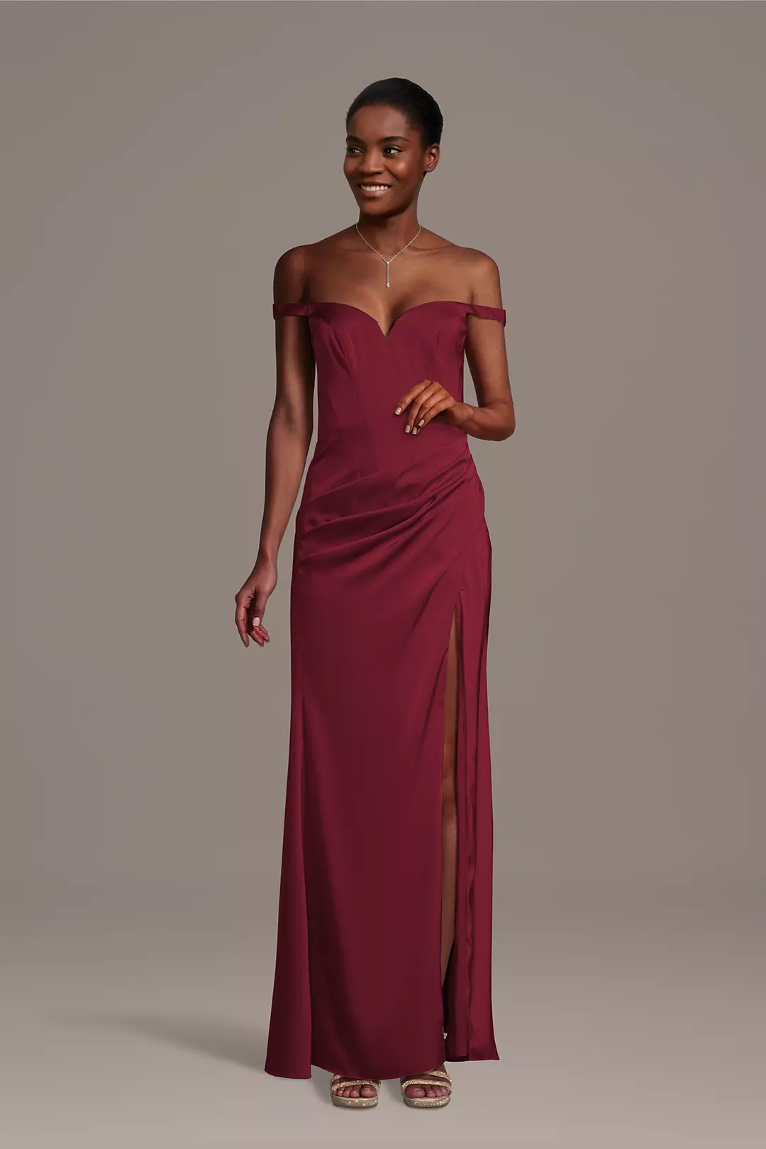 Matte Satin Drop Waist Off-the-Shoulder Dress - Image 28