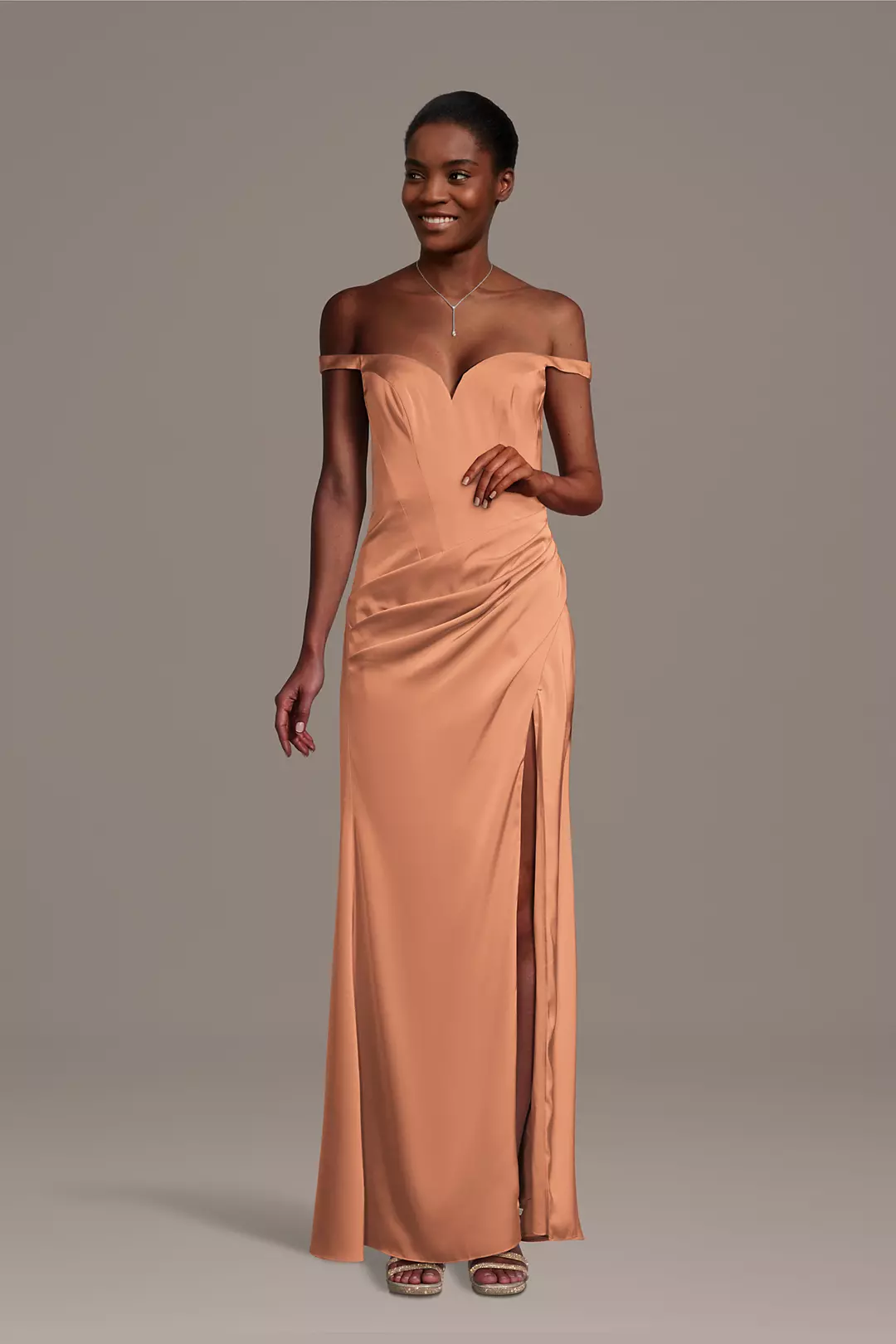 Matte Satin Drop Waist Off-the-Shoulder Dress - Image 31