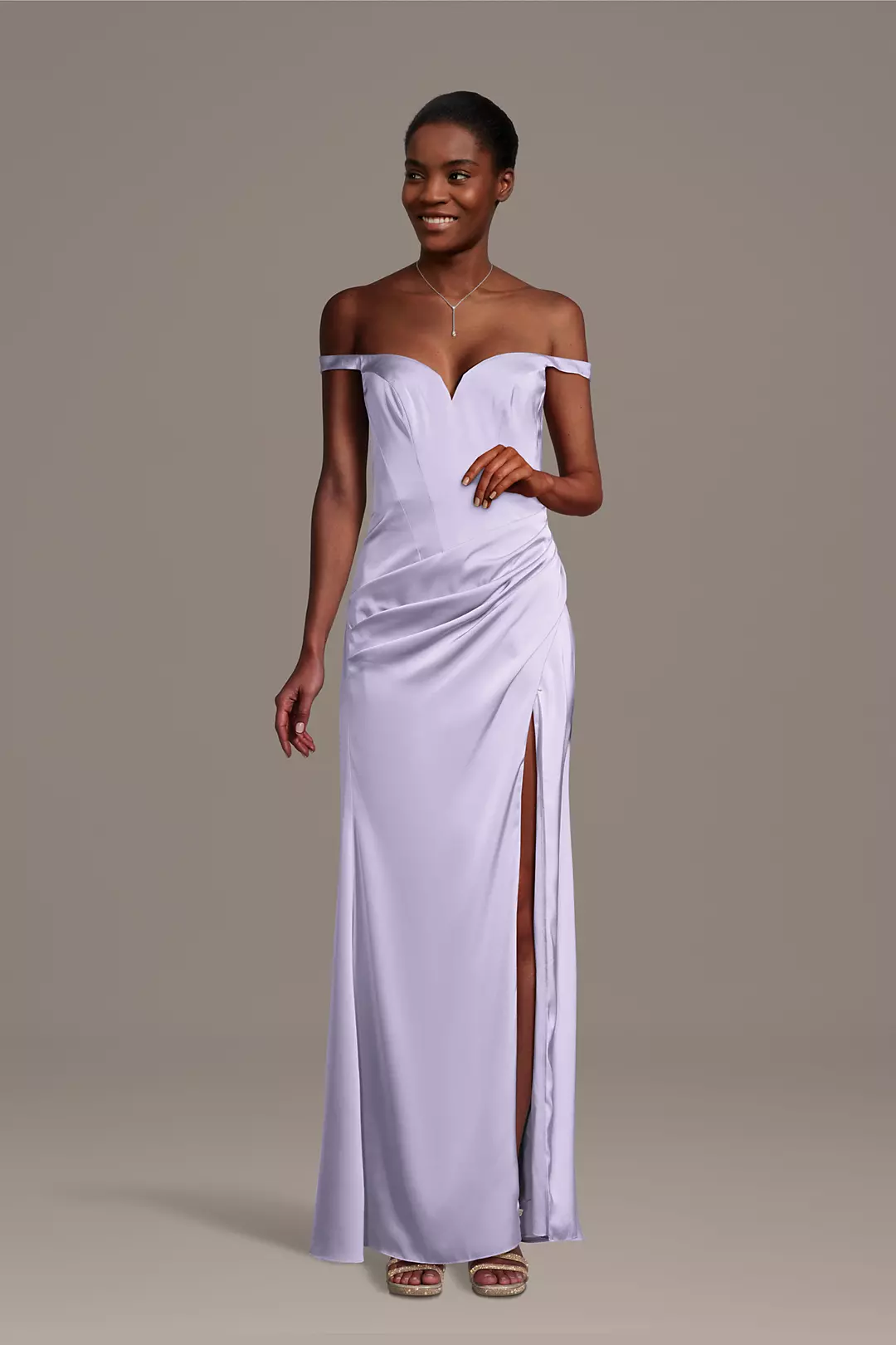 Matte Satin Drop Waist Off-the-Shoulder Dress - Image 41
