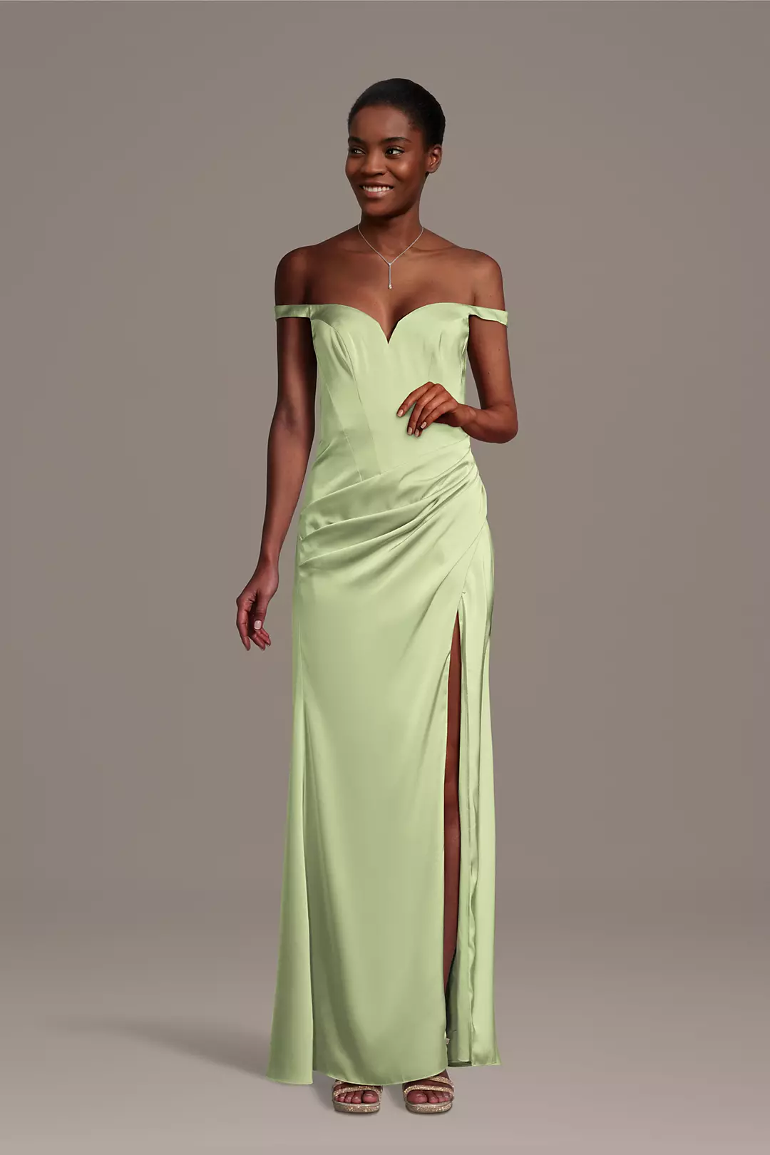 Matte Satin Drop Waist Off-the-Shoulder Dress - Image 6
