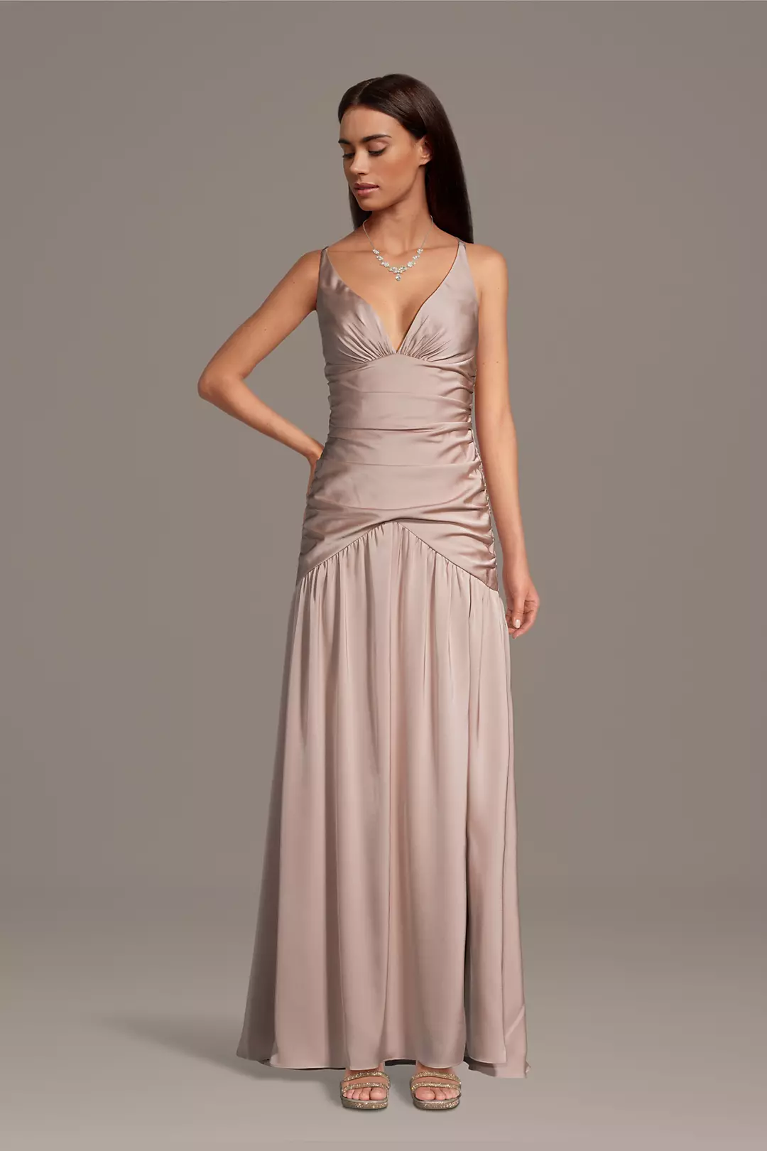 Matte Satin Drop Waist V-Neck Tank Dress