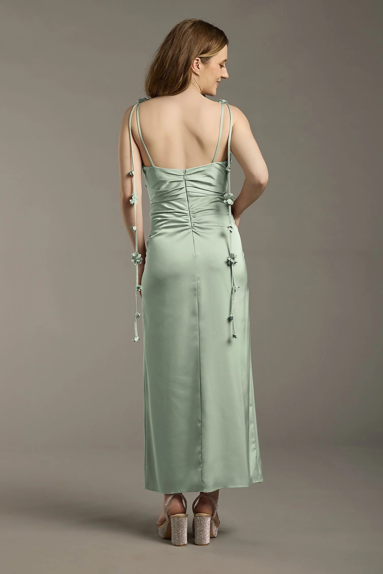 Matte Satin Floral Strap Midi Dress