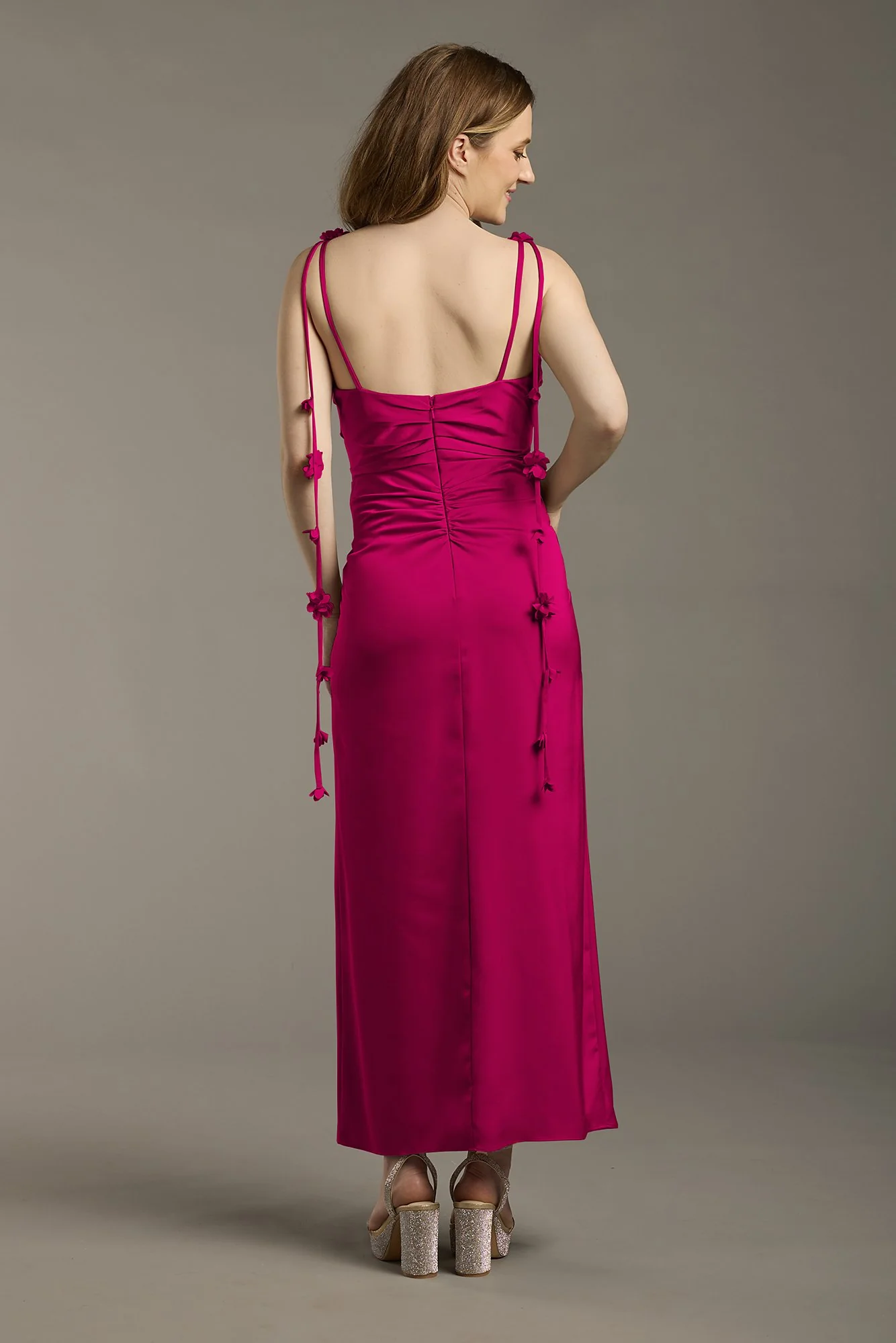 Matte Satin Floral Strap Midi Dress - Image 11
