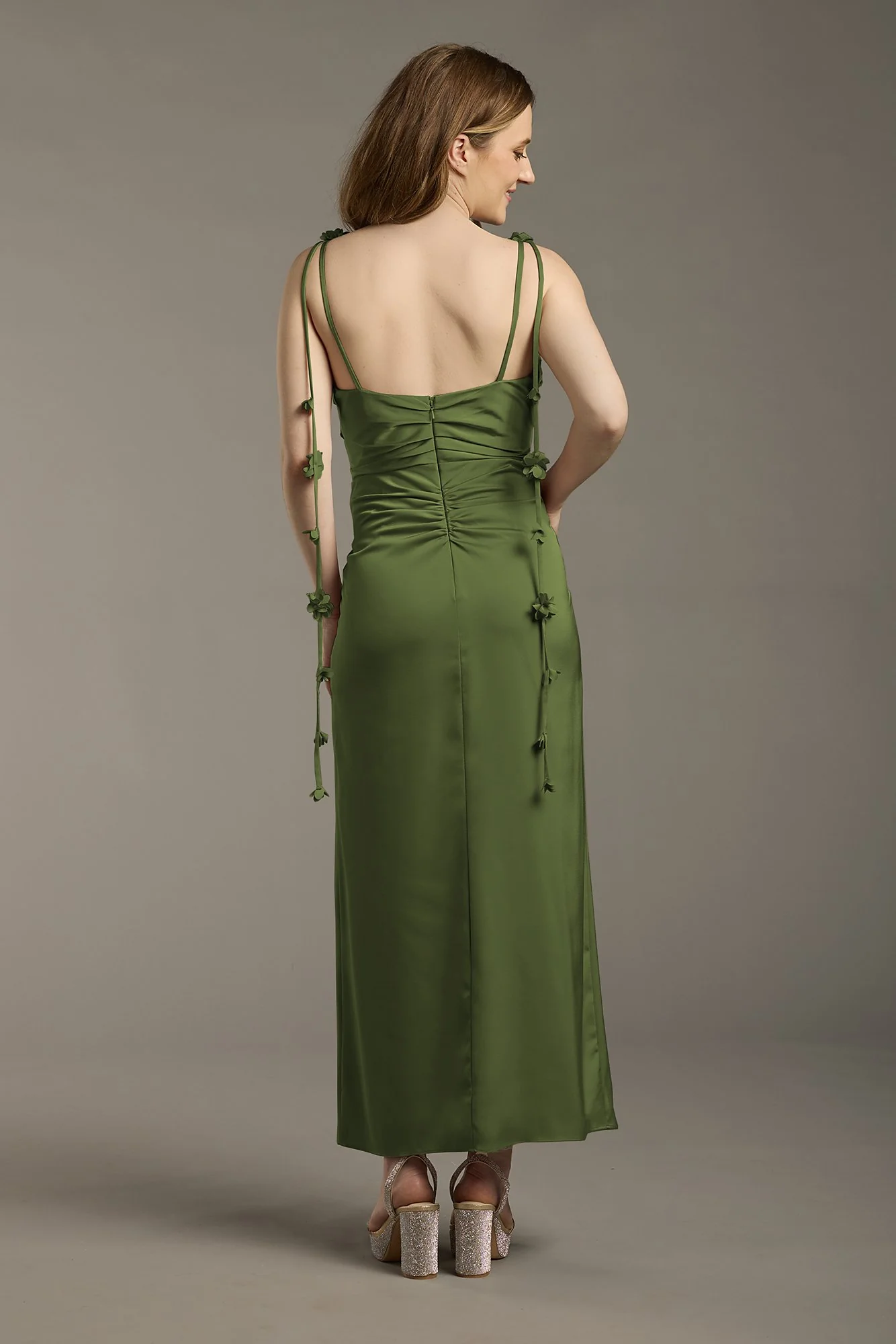 Matte Satin Floral Strap Midi Dress - Image 3
